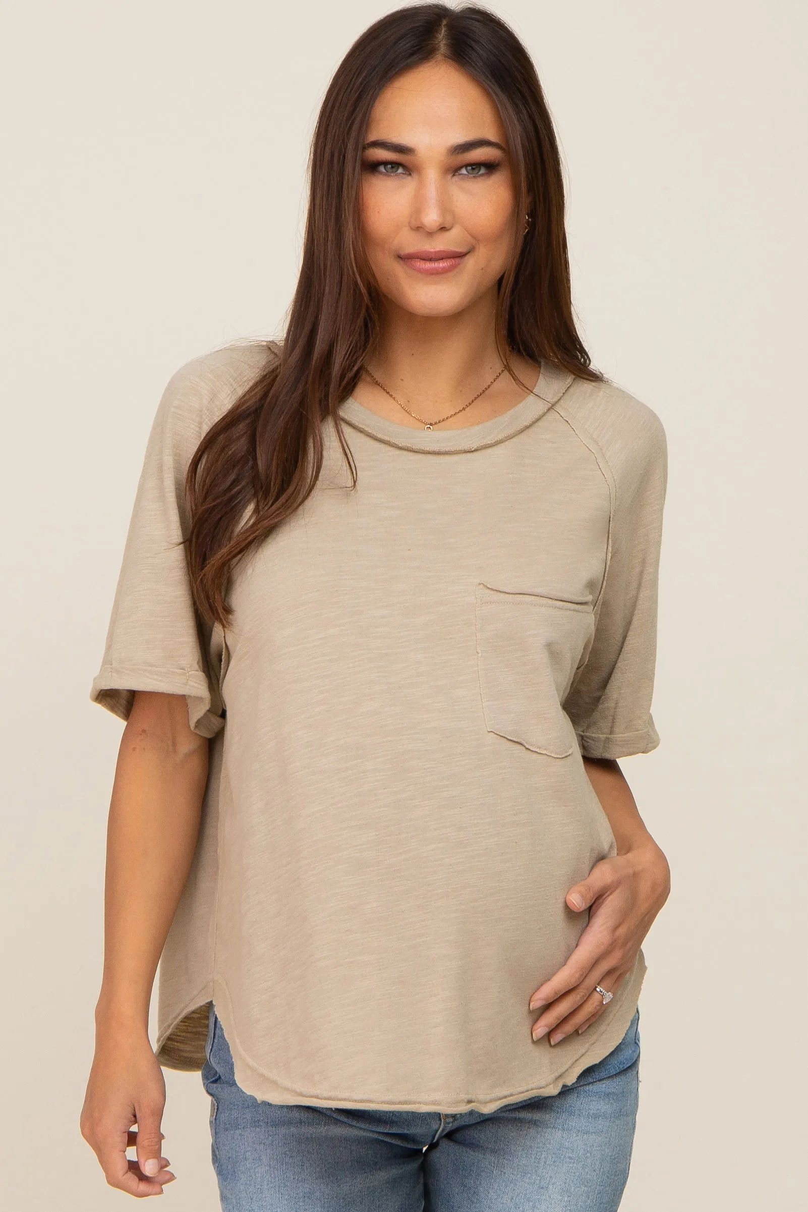 Taupe Front Pocket Raw Edge Trim Short Sleeve Maternity Top sold by Pinkblush
