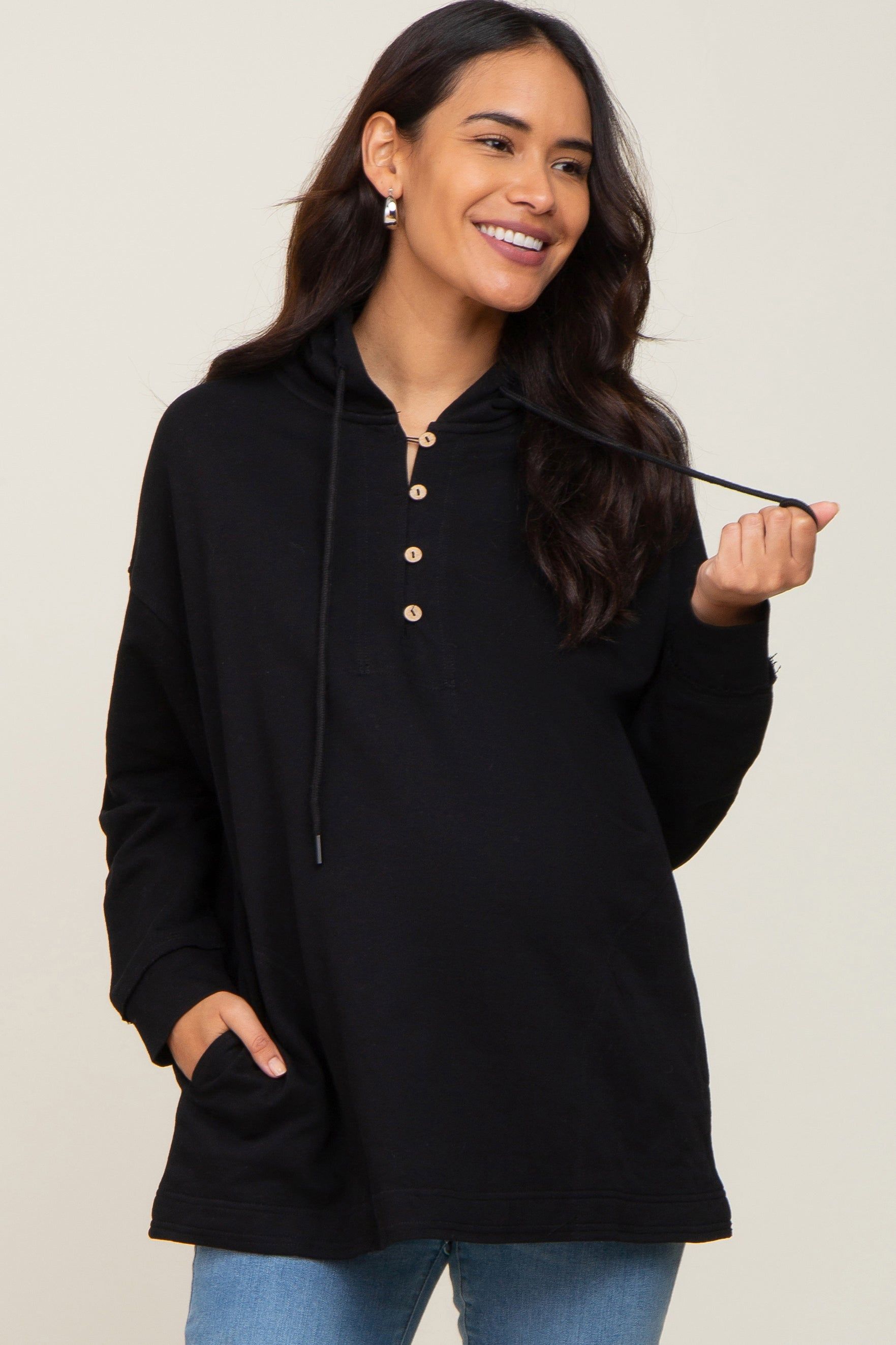 Black Button Front Hooded Maternity Top sold by Pinkblush