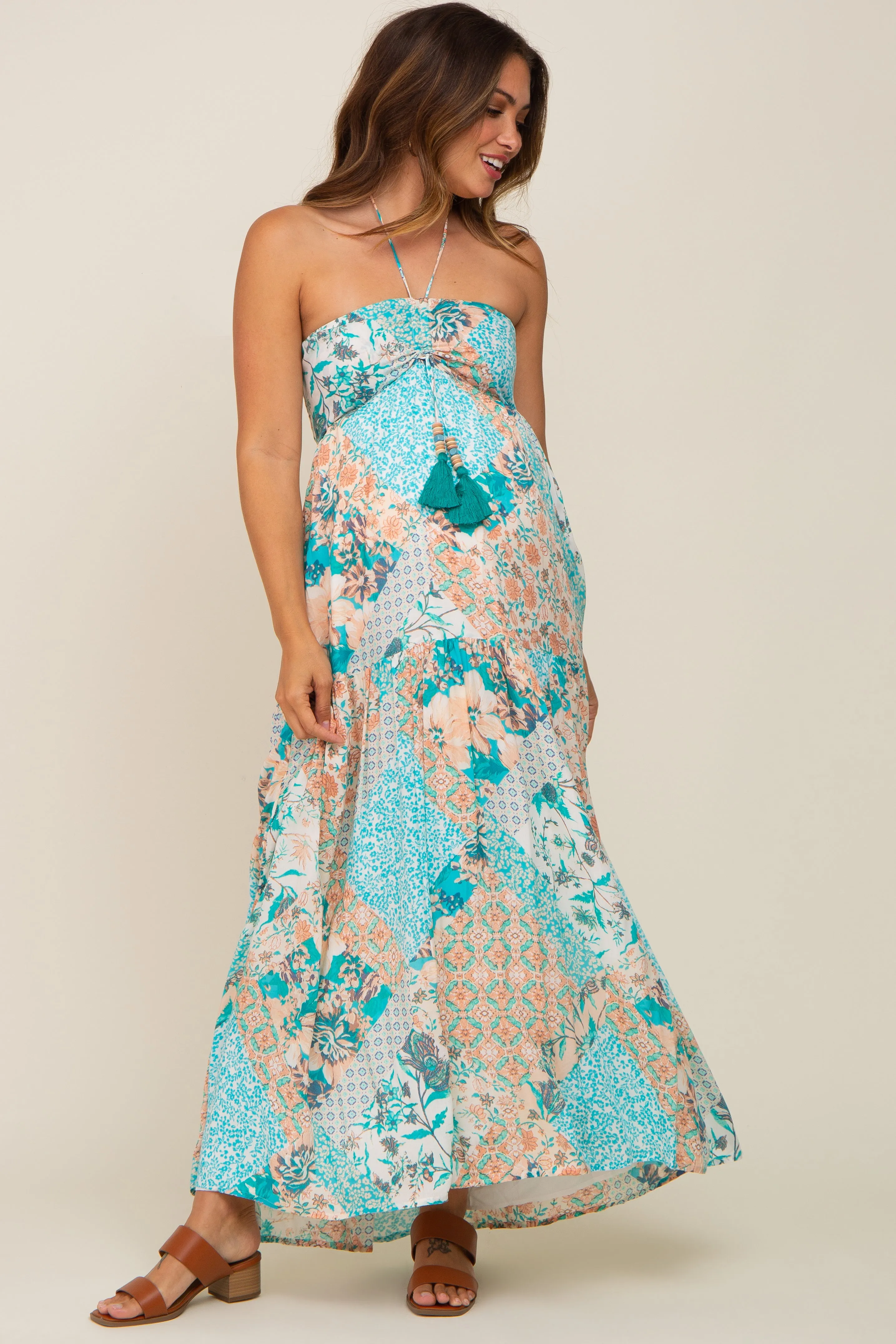 Jade Floral Halter Front Tie Maternity Maxi Dress sold by Pinkblush product image thumbnail 3