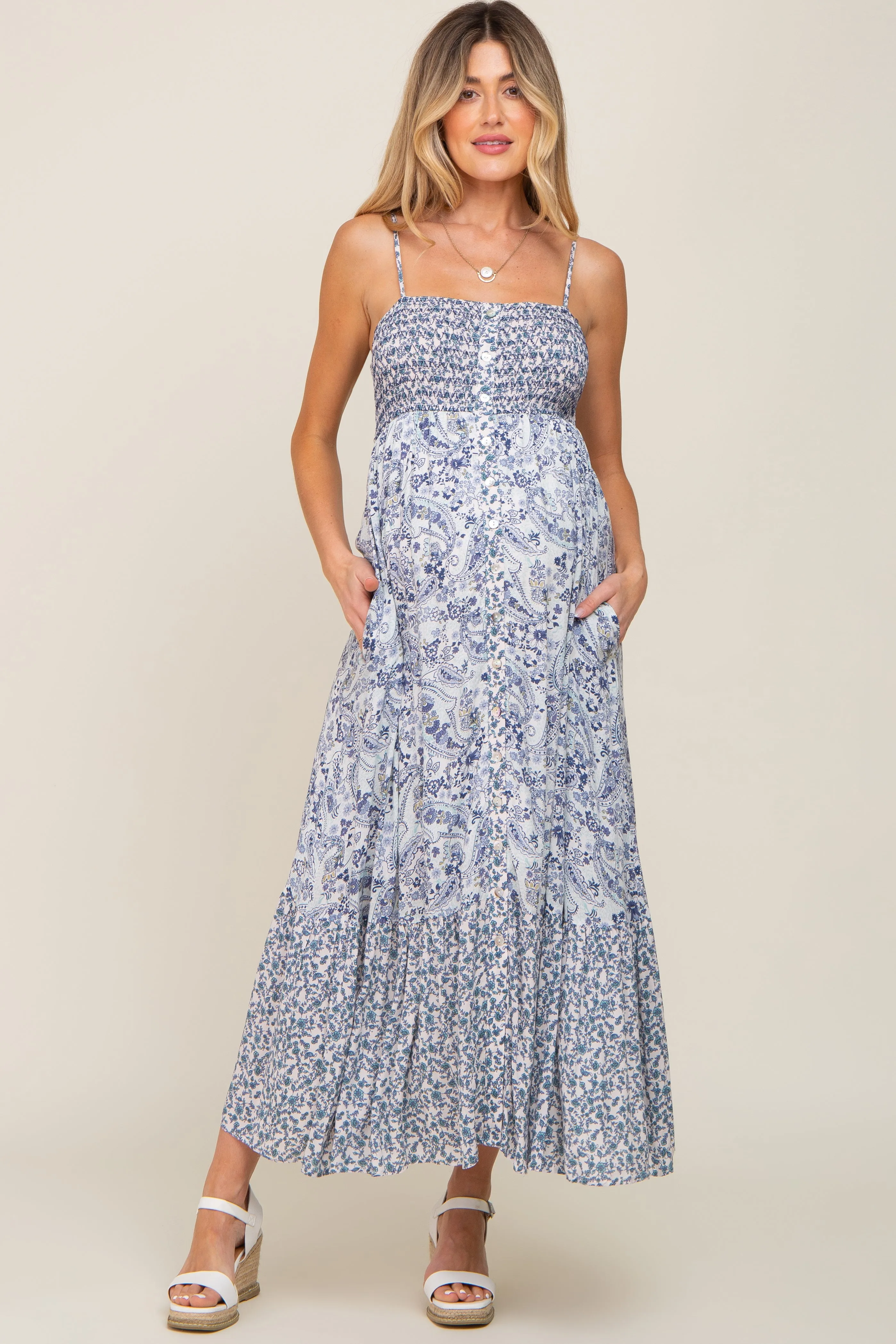 Blue Floral Paisley Smocked Button Front Maternity Maxi Dress sold by Pinkblush product image thumbnail 5
