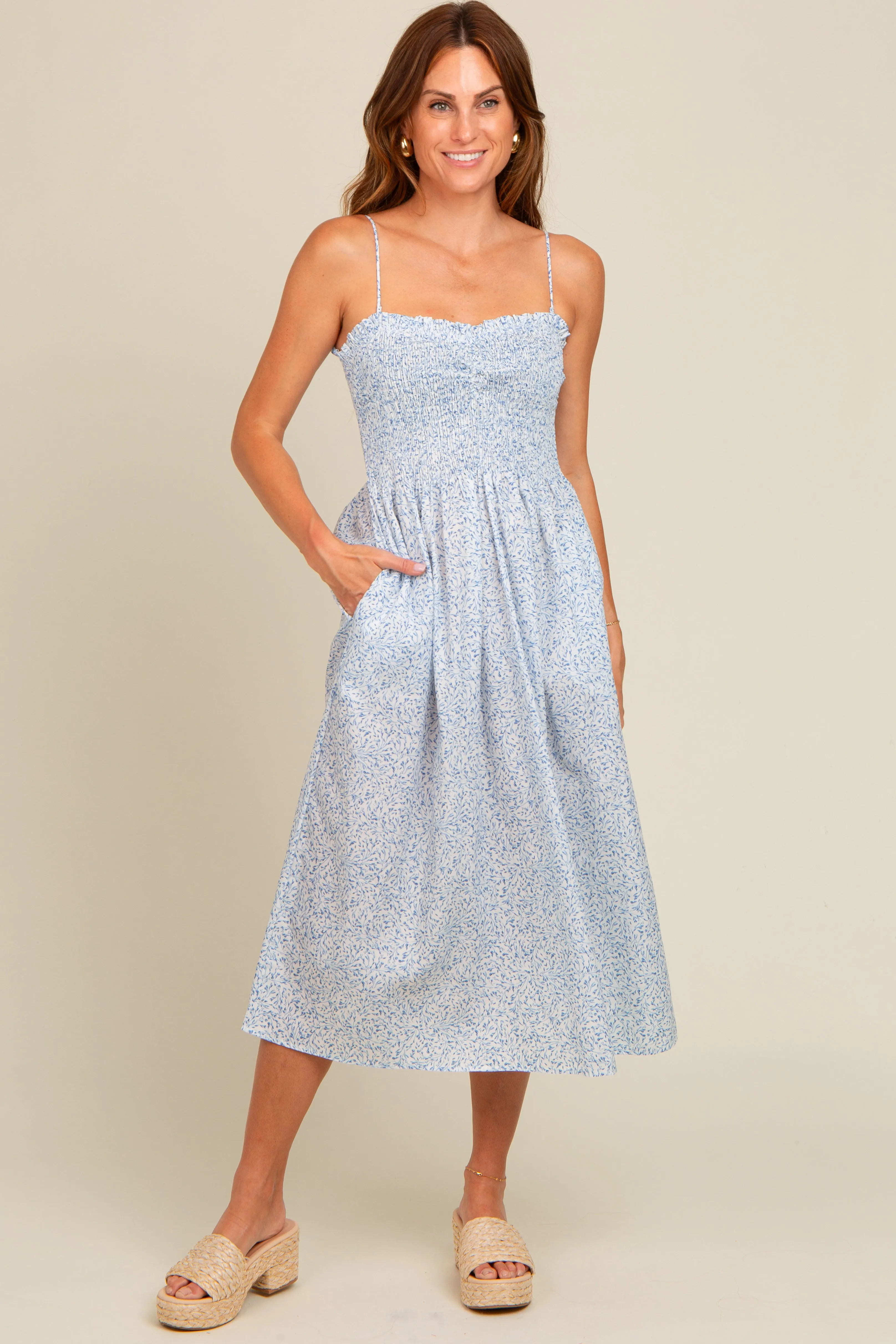 Light Blue Printed Smocked Maternity Midi Dress sold by Pinkblush product image thumbnail 4