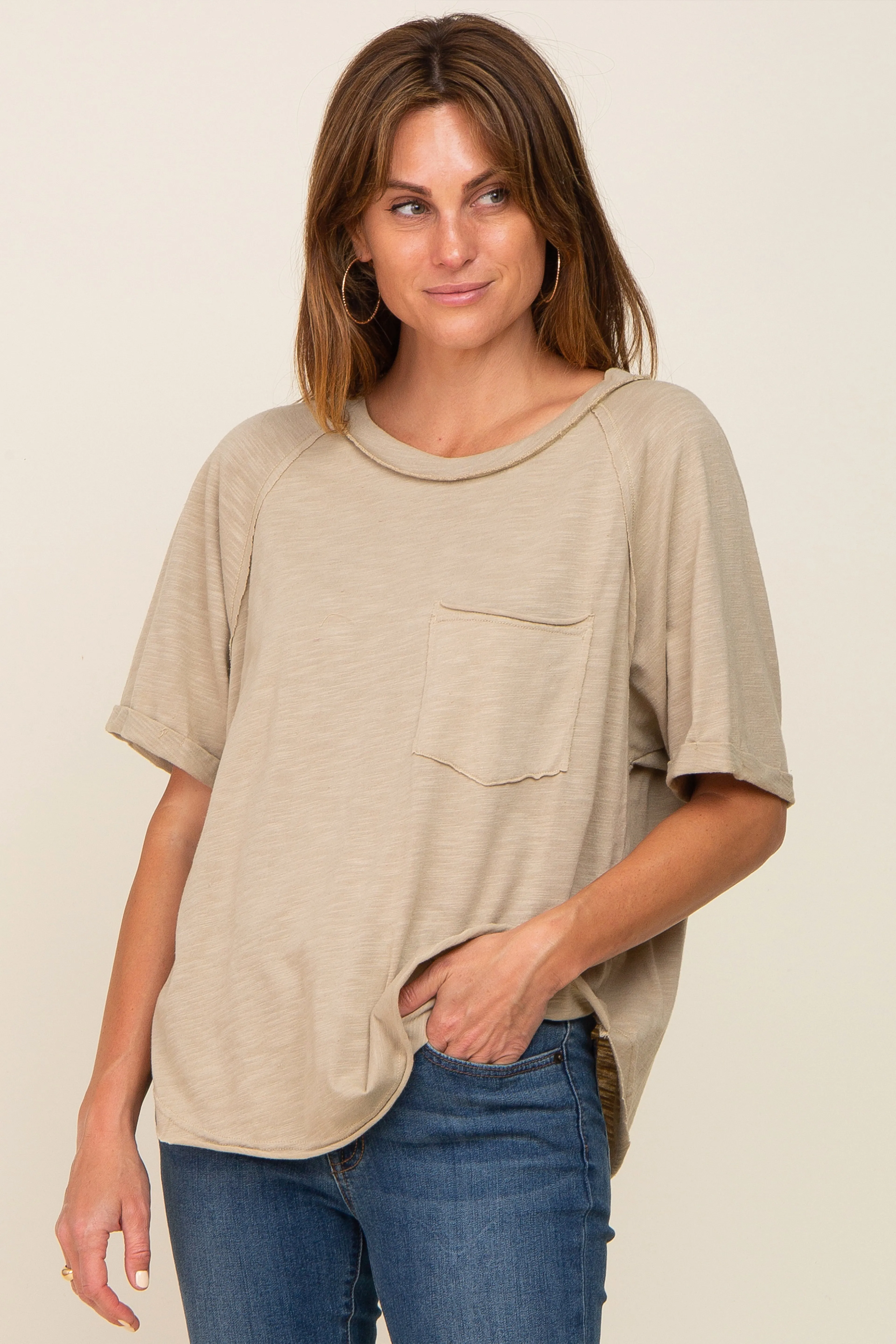Taupe Front Pocket Raw Edge Trim Short Sleeve Maternity Top sold by Pinkblush product image thumbnail 5