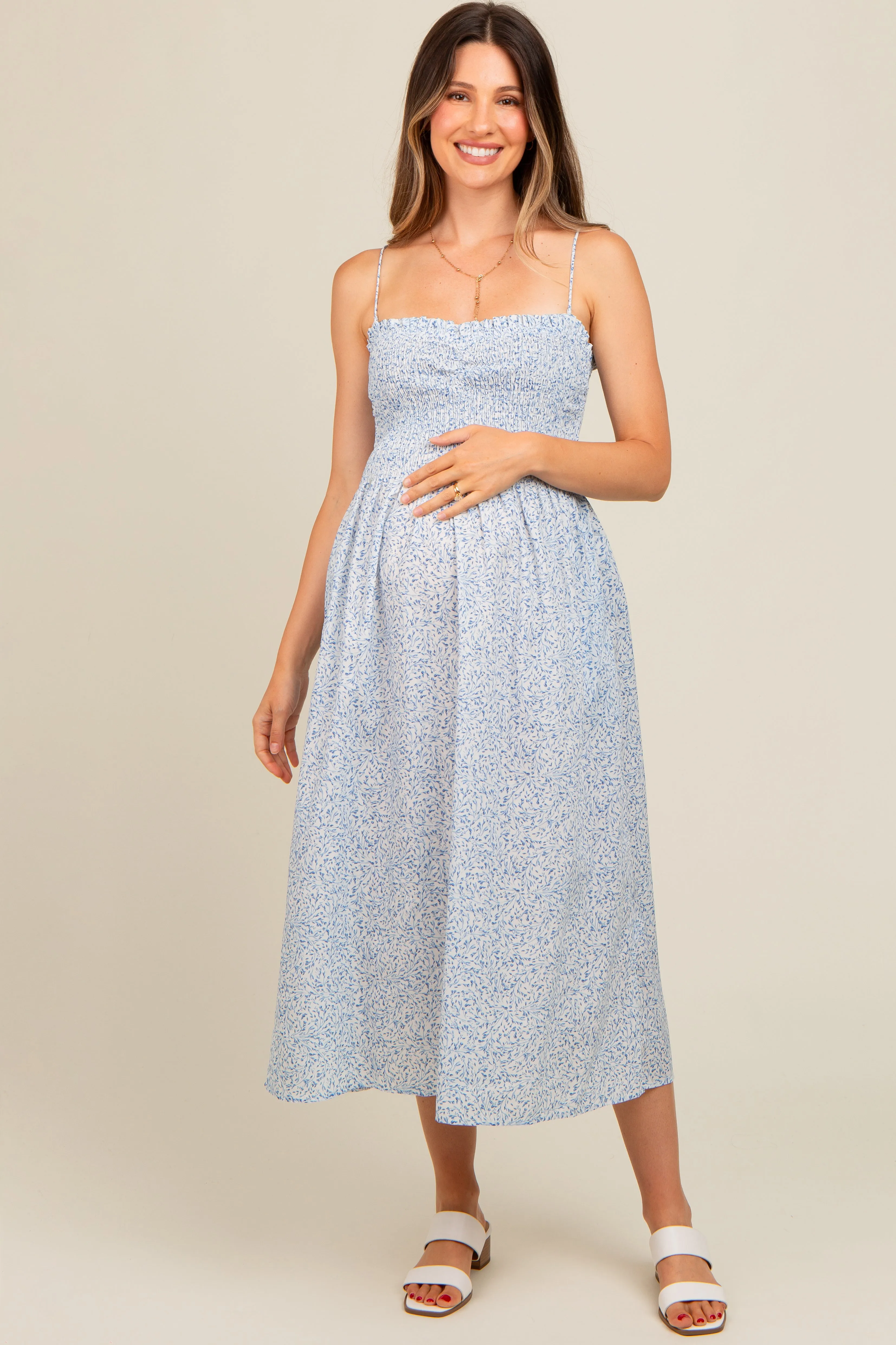 Light Blue Printed Smocked Maternity Midi Dress sold by Pinkblush