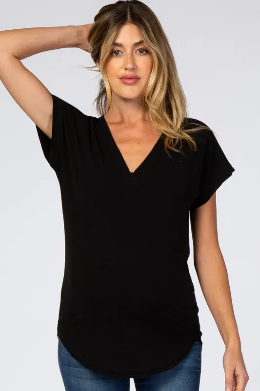 Black V-Neck Raw Hem Maternity Short Sleeve Top sold by Pinkblush