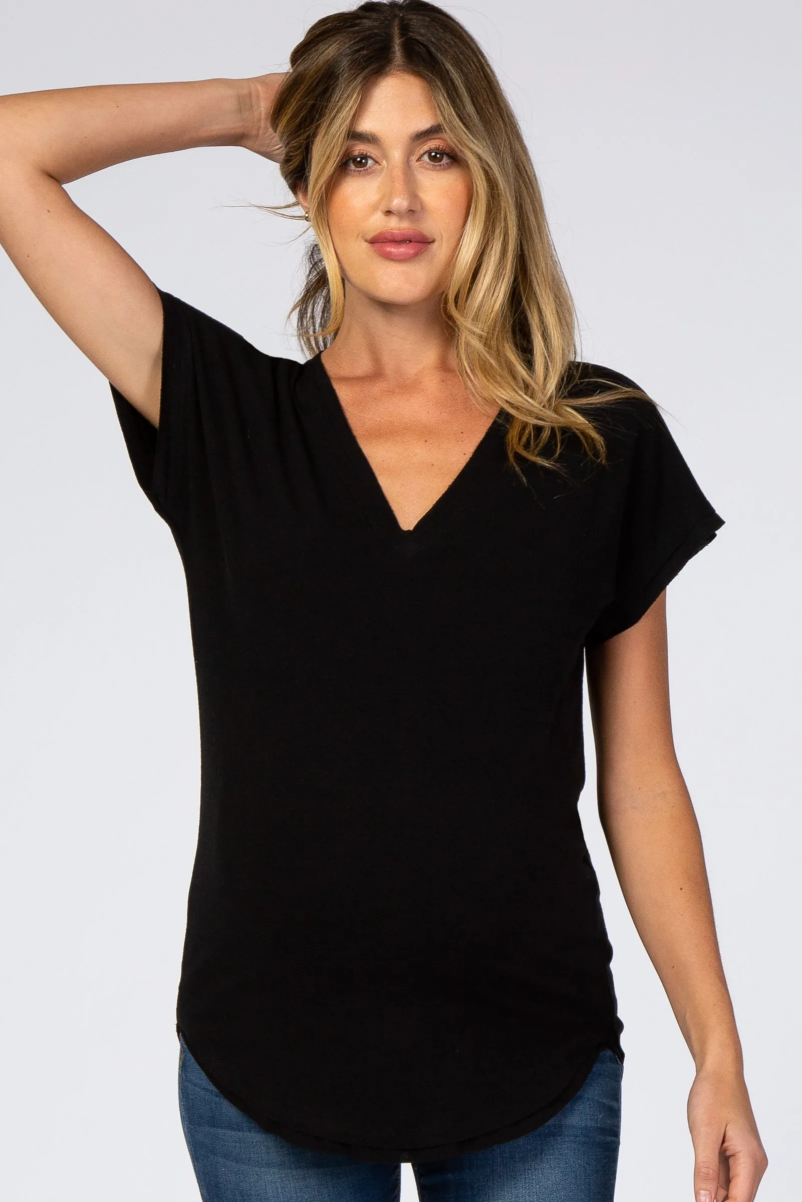 Black V-Neck Raw Hem Maternity Short Sleeve Top sold by Pinkblush