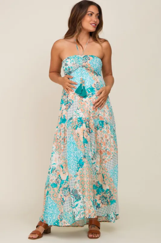 Jade Floral Halter Front Tie Maternity Maxi Dress sold by Pinkblush