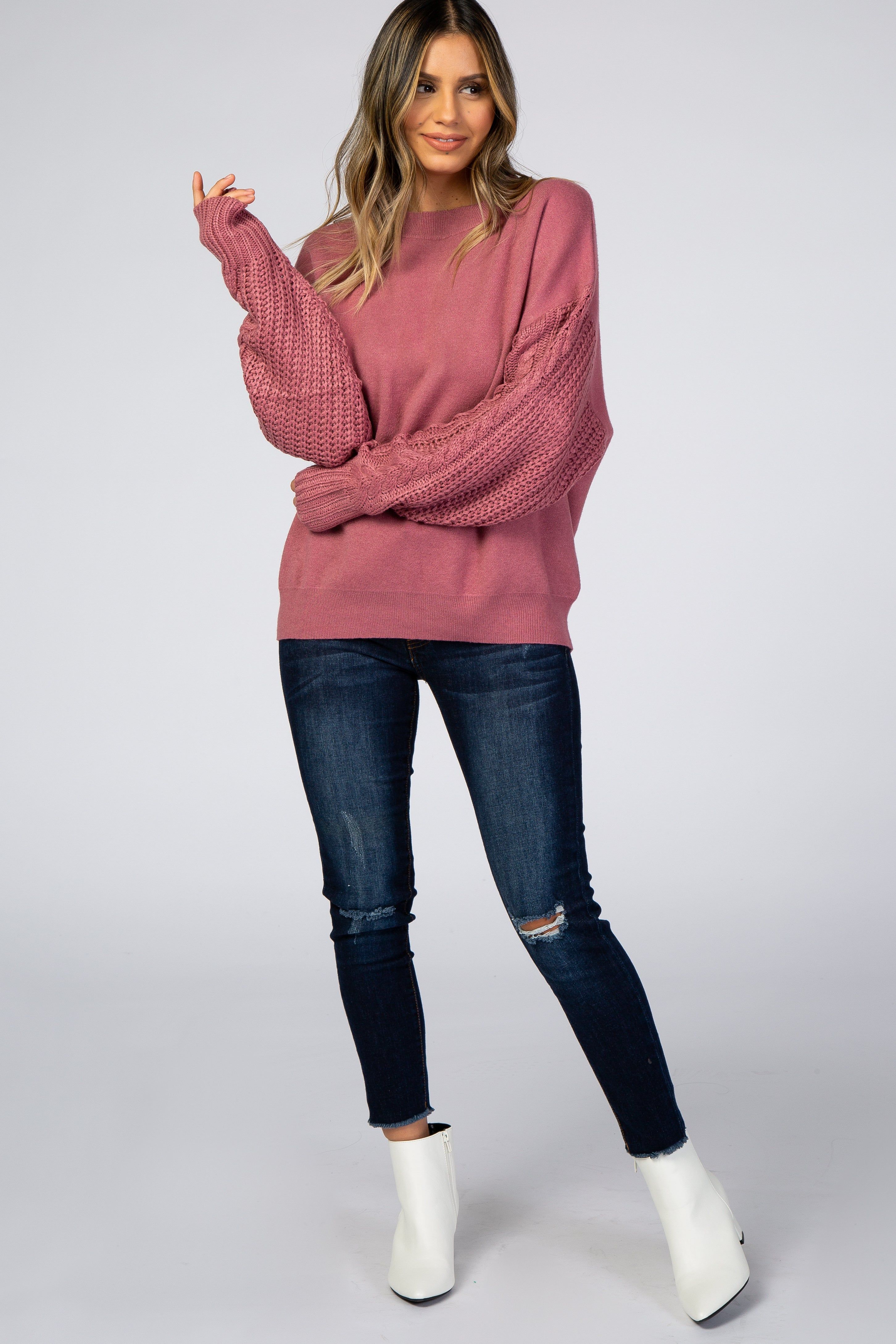 Mauve Cable Knit Sleeve Mock Neck Sweater sold by Pinkblush product image thumbnail 4