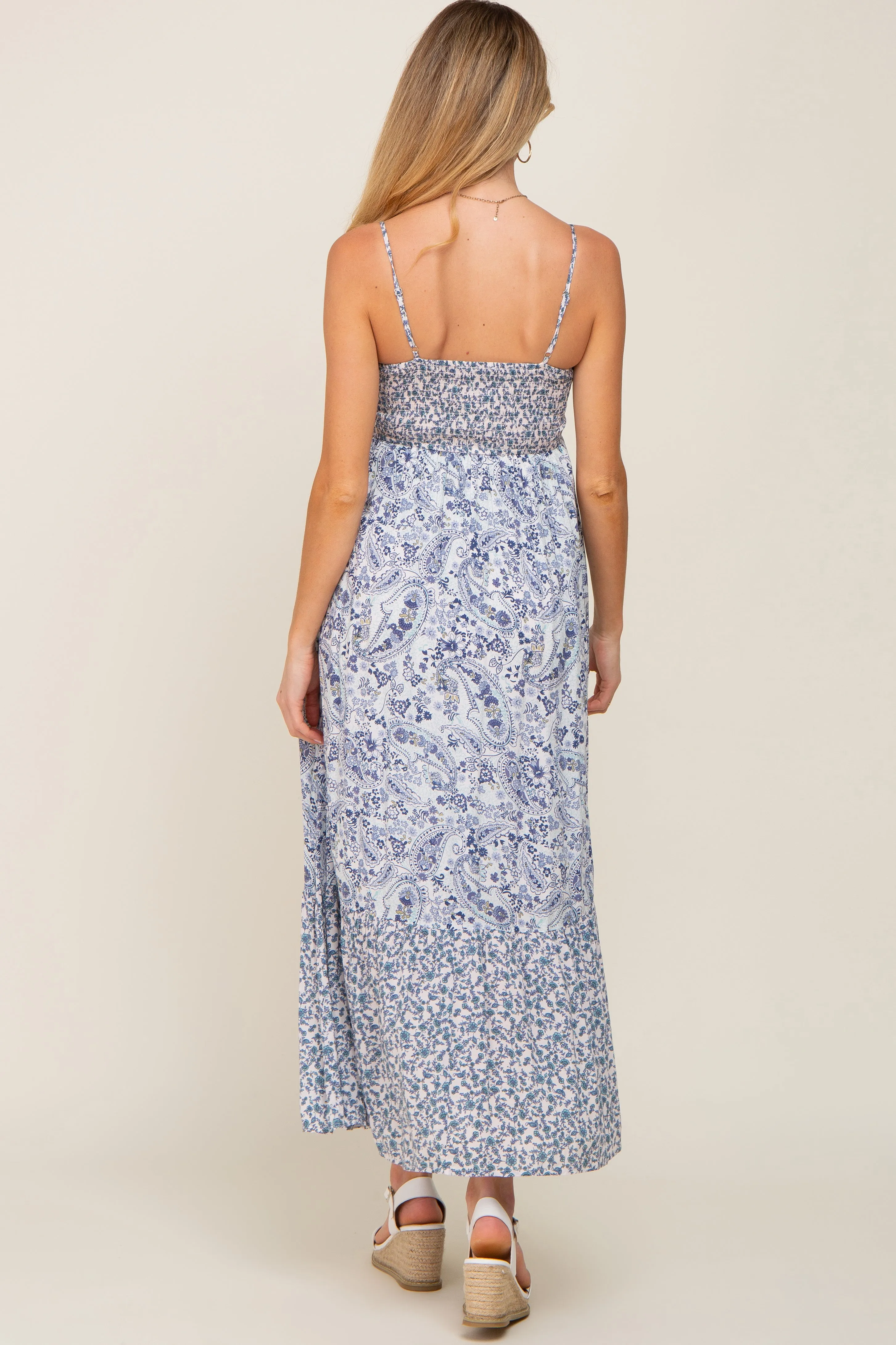 Blue Floral Paisley Smocked Button Front Maternity Maxi Dress sold by Pinkblush product image thumbnail 3