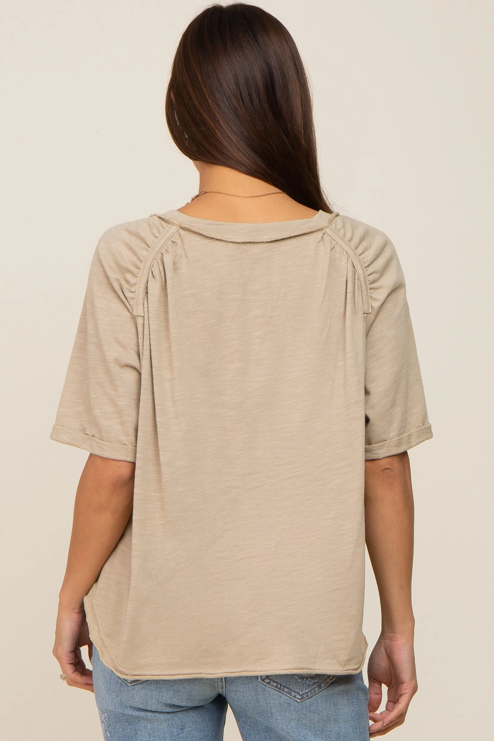 Taupe Front Pocket Raw Edge Trim Short Sleeve Maternity Top sold by Pinkblush product image thumbnail 3