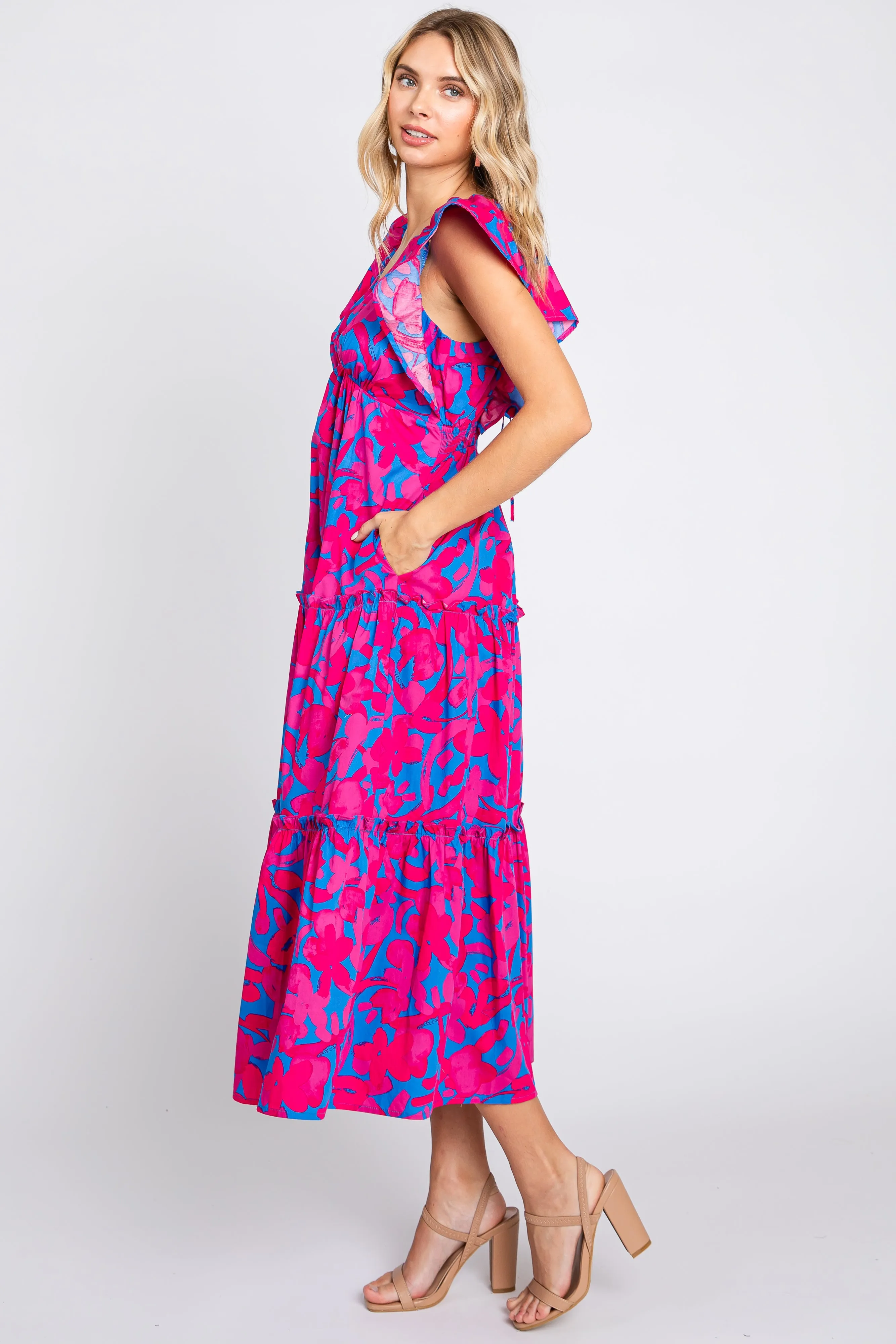 Pink Flutter Sleeve Open Lace Up Back Tiered Midi Dress sold by Pinkblush product image thumbnail 2