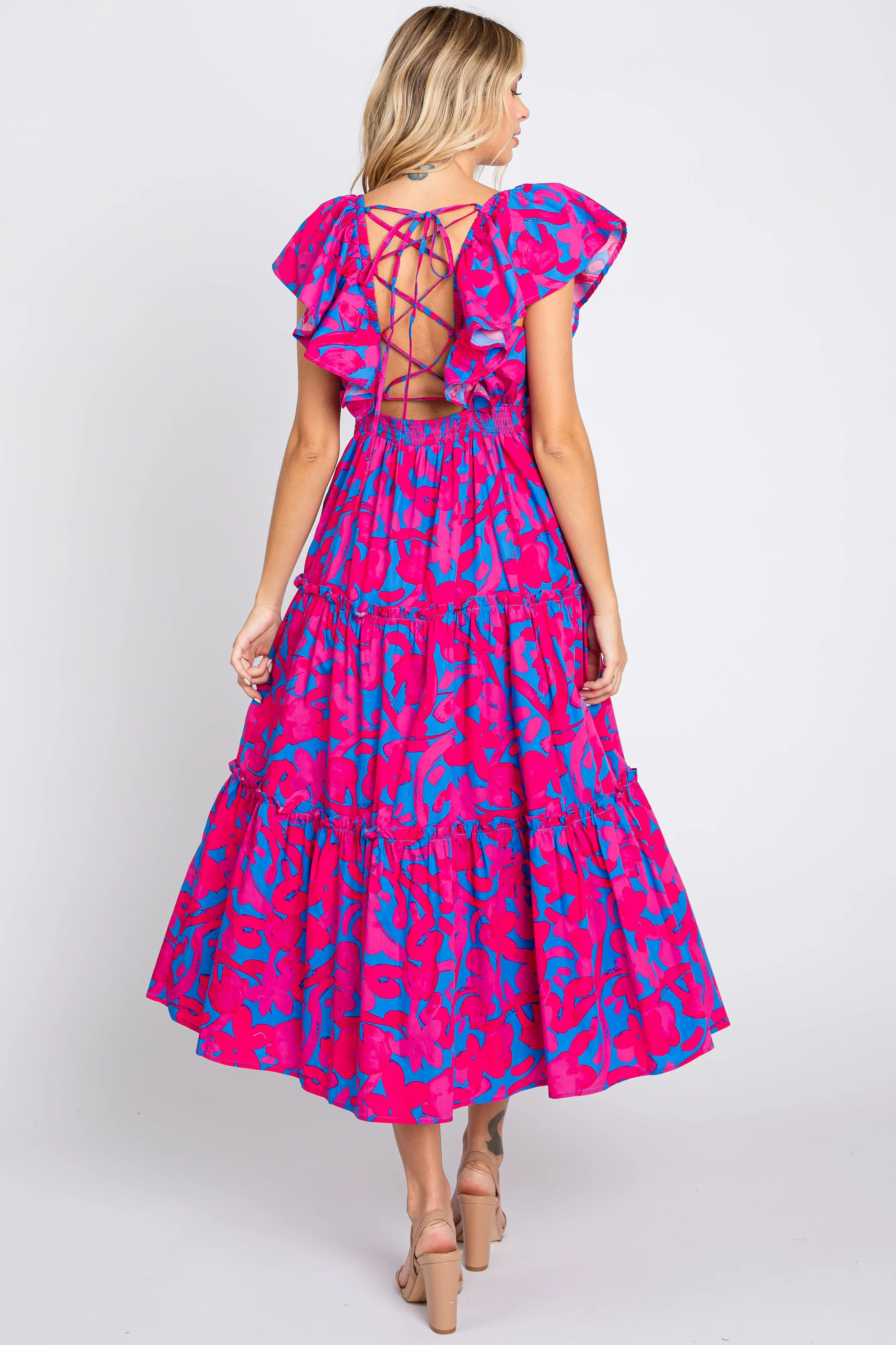 Pink Flutter Sleeve Open Lace Up Back Tiered Midi Dress sold by Pinkblush product image thumbnail 3
