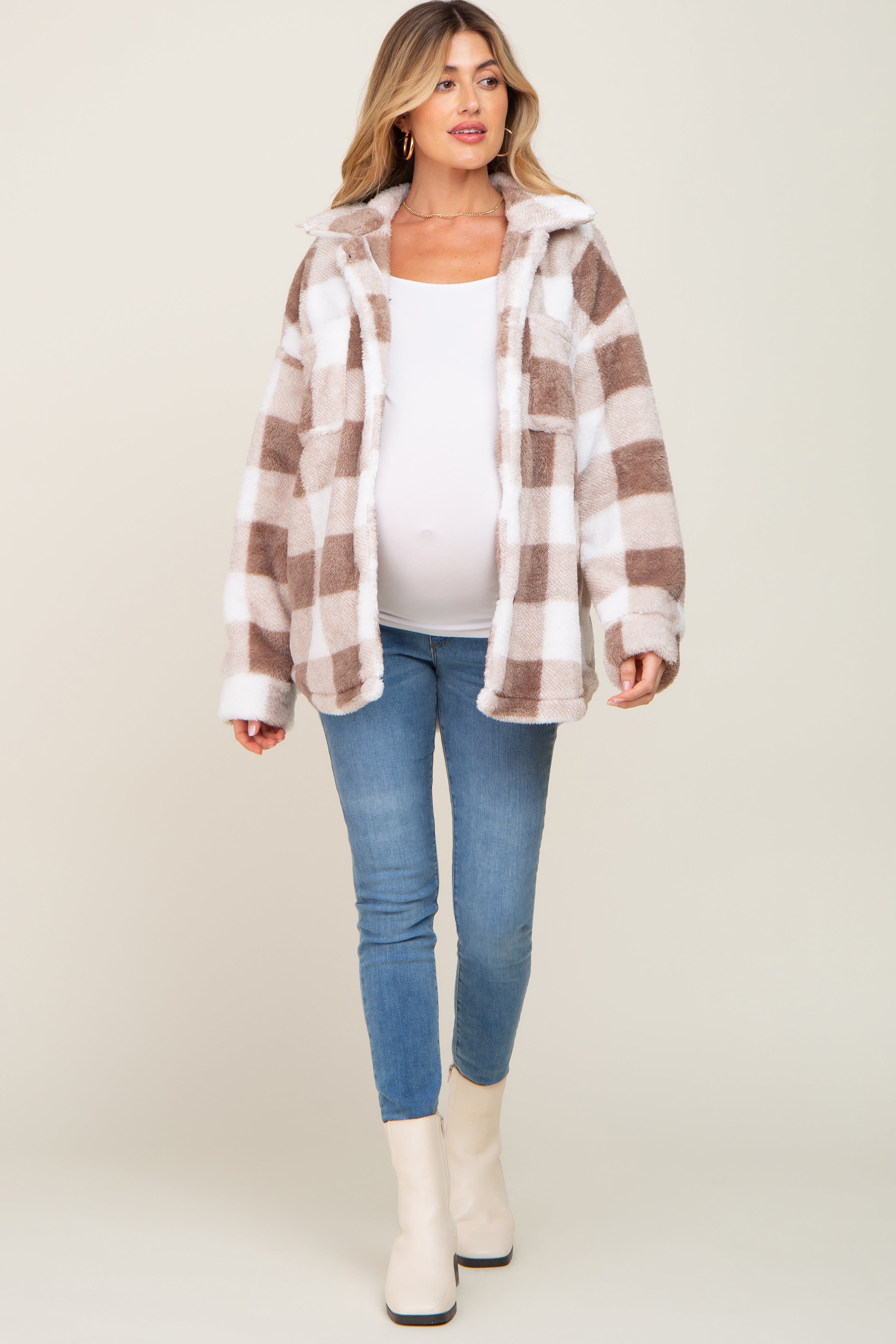 Mocha Plaid Fuzzy Maternity Shirt Jacket sold by Pinkblush product image thumbnail 4