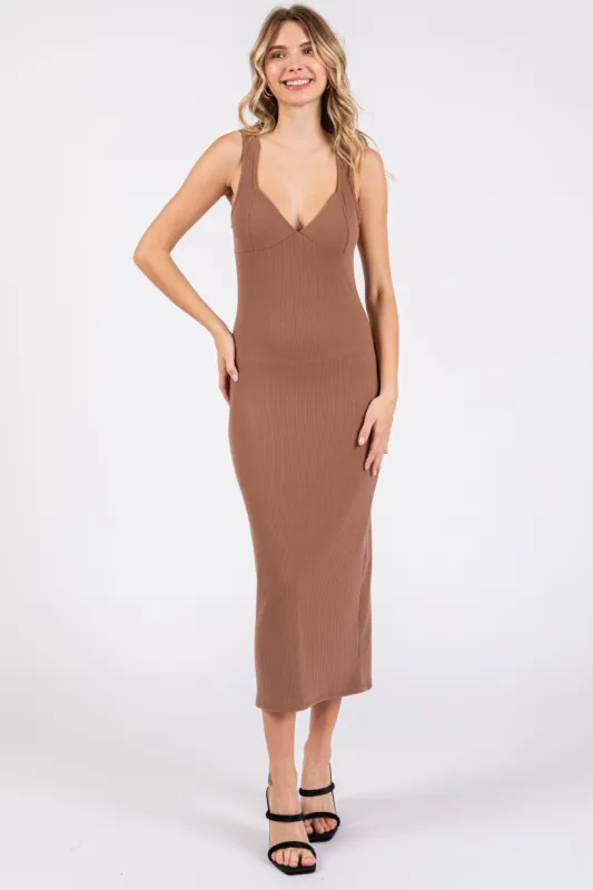 Mocha Ribbed Sweetheart Neck Midi Dress sold by Pinkblush