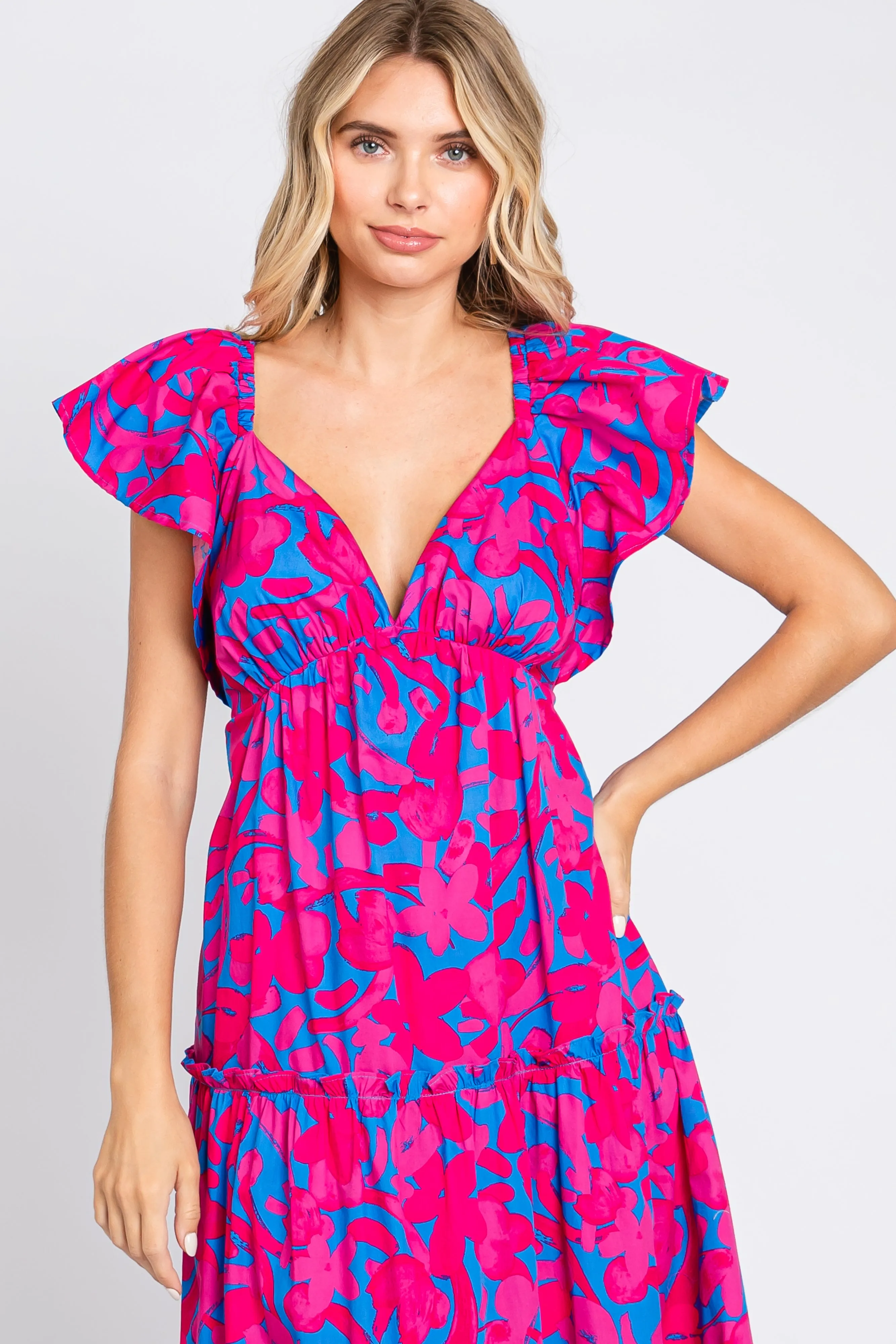 Pink Flutter Sleeve Open Lace Up Back Tiered Midi Dress sold by Pinkblush product image thumbnail 4