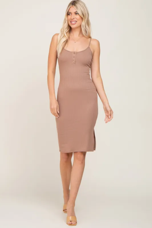 Taupe Ribbed Button Midi Dress sold by Pinkblush
