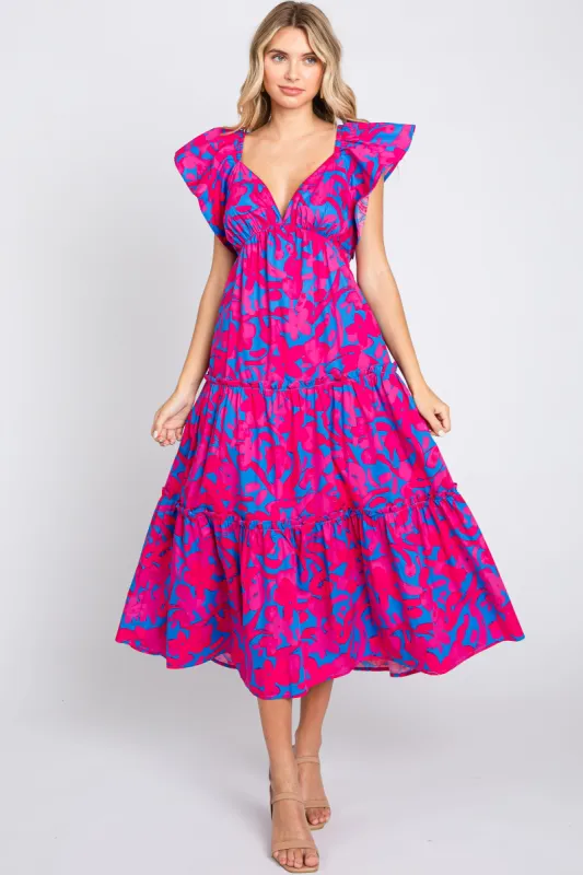 Pink Flutter Sleeve Open Lace Up Back Tiered Midi Dress sold by Pinkblush