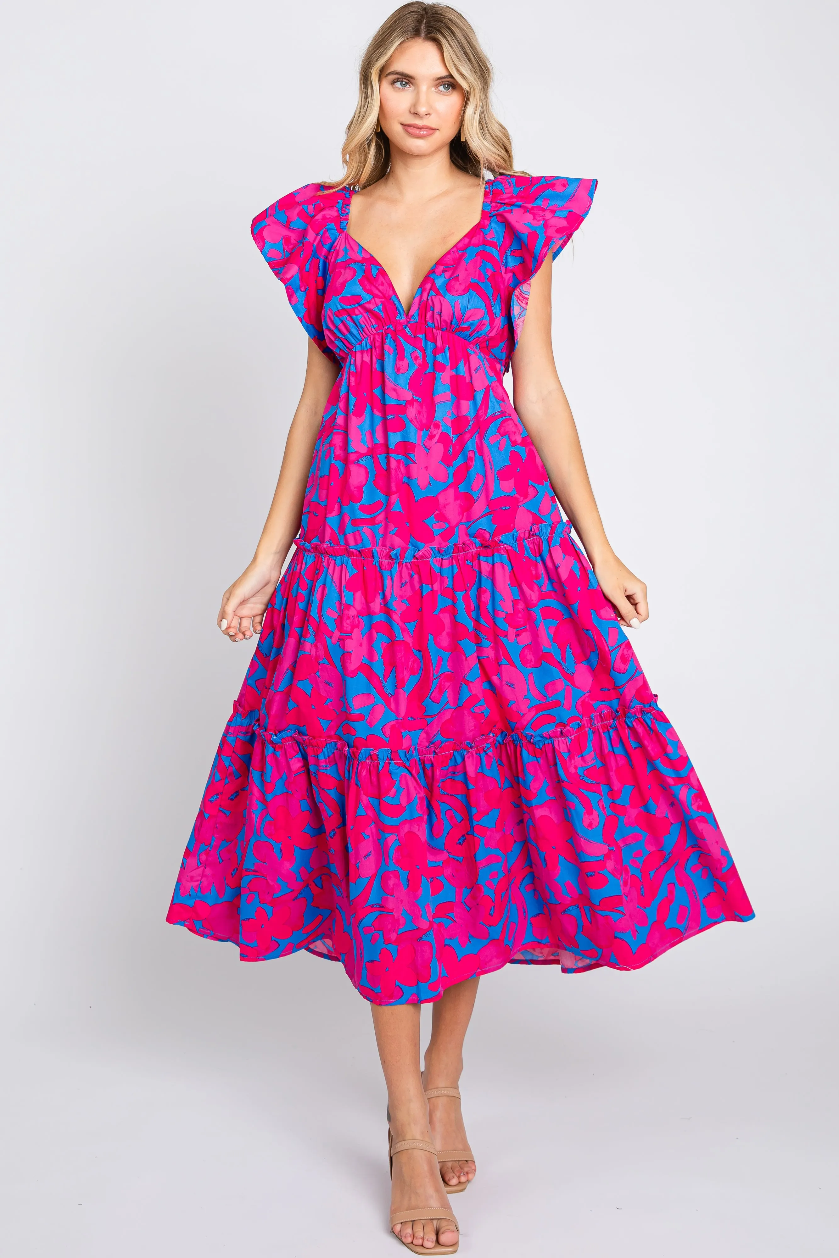 Pink Flutter Sleeve Open Lace Up Back Tiered Midi Dress sold by Pinkblush