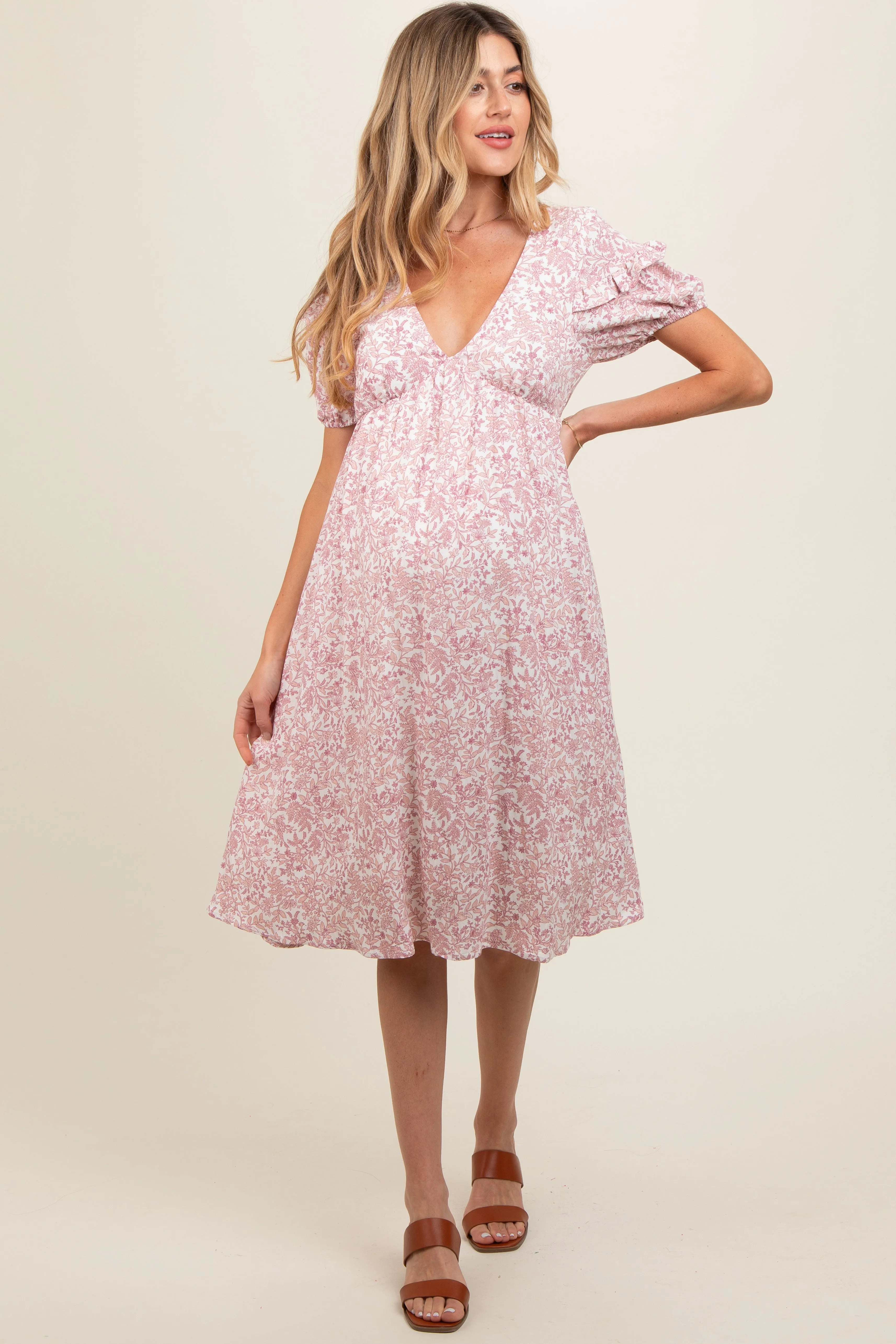 Pink Floral Tie Back Maternity Midi Dress sold by Pinkblush