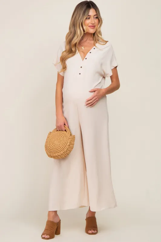 Beige Front Button Accent Maternity Jumpsuit sold by Pinkblush