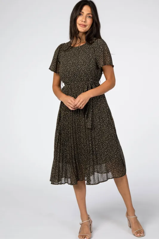 Black Leaf Print Pleated Midi Dress sold by Pinkblush