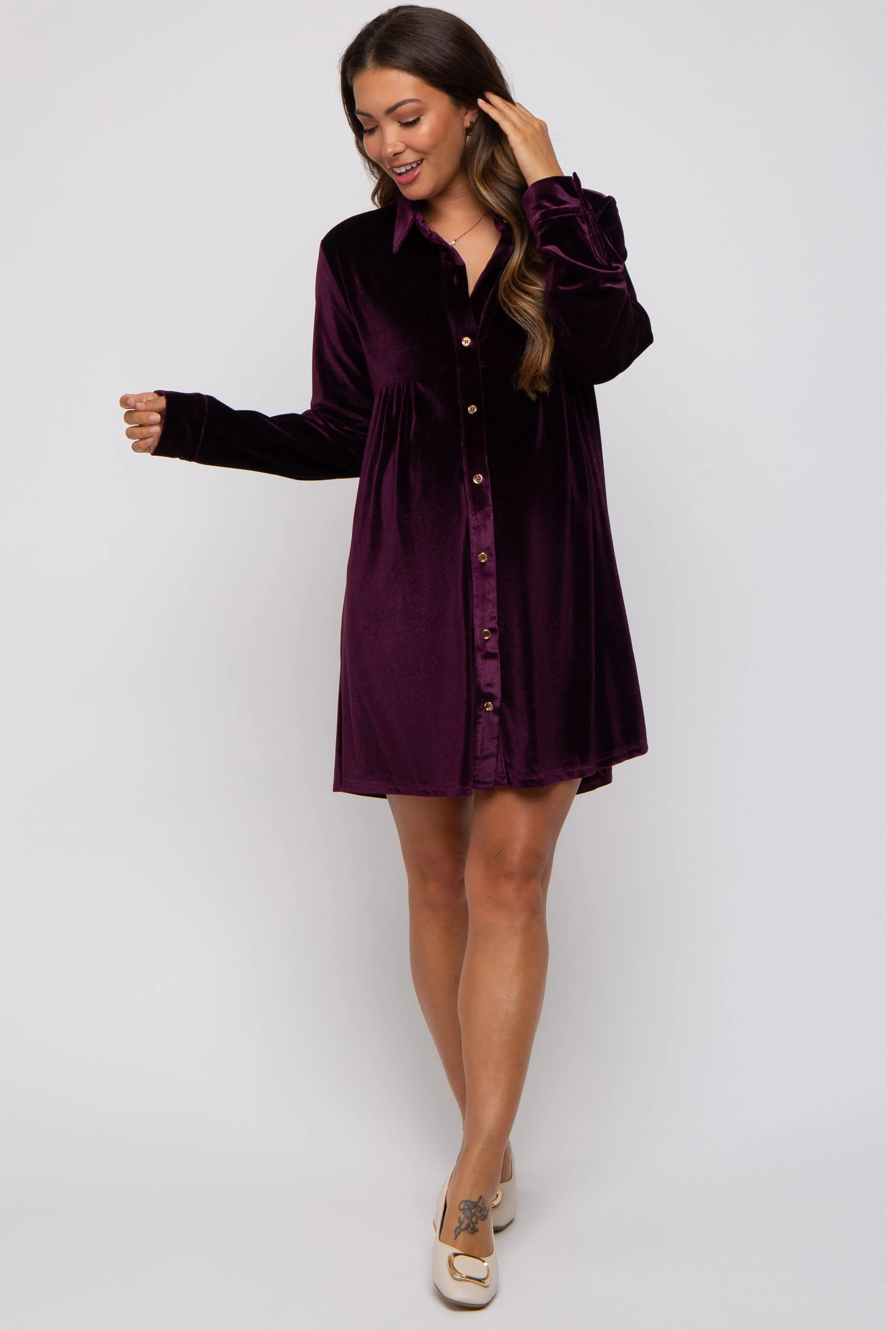 Plum Velvet Button Down Maternity Dress sold by Pinkblush product image thumbnail 2