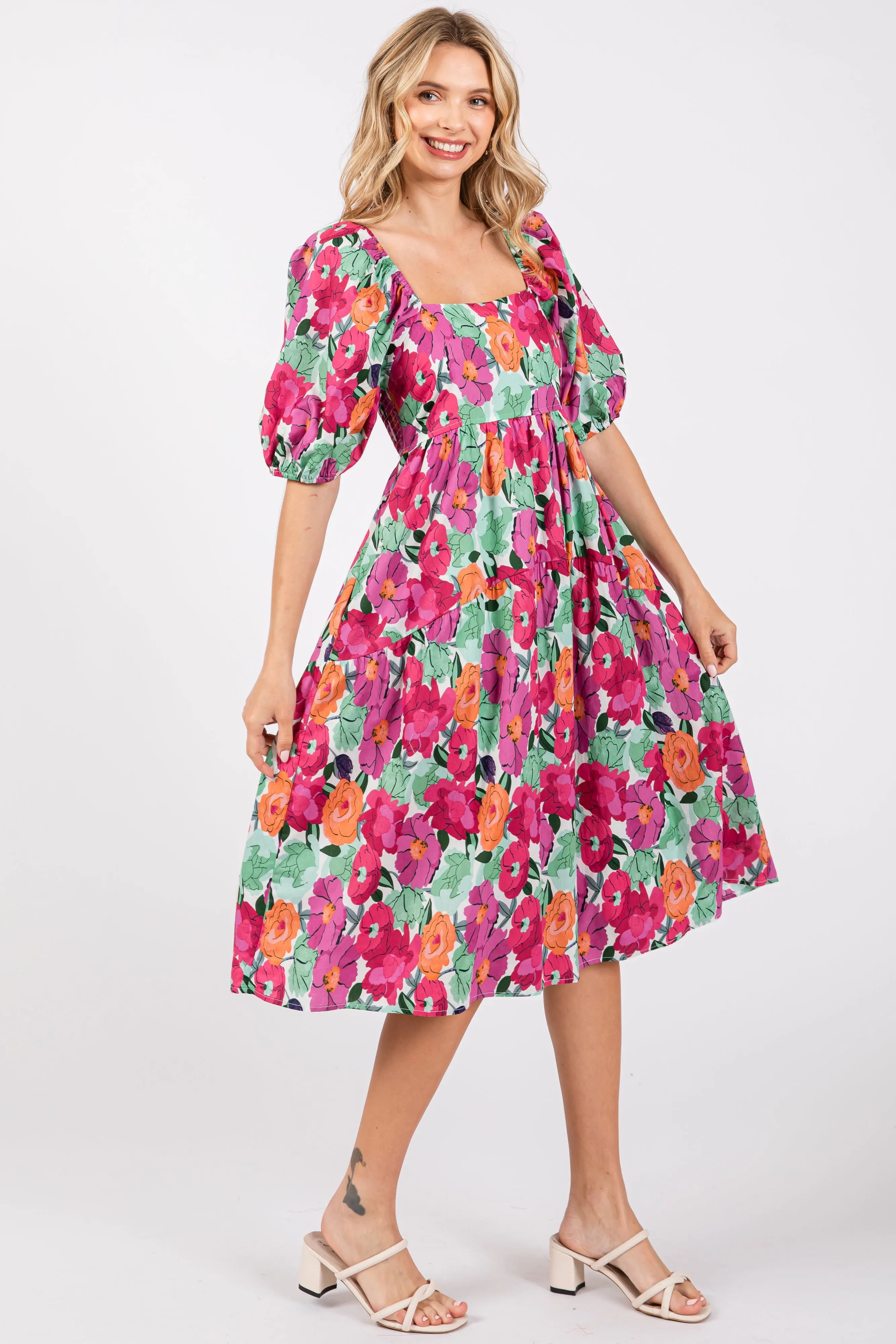 Magenta Floral Print Puff Sleeve Dress sold by Pinkblush product image thumbnail 2