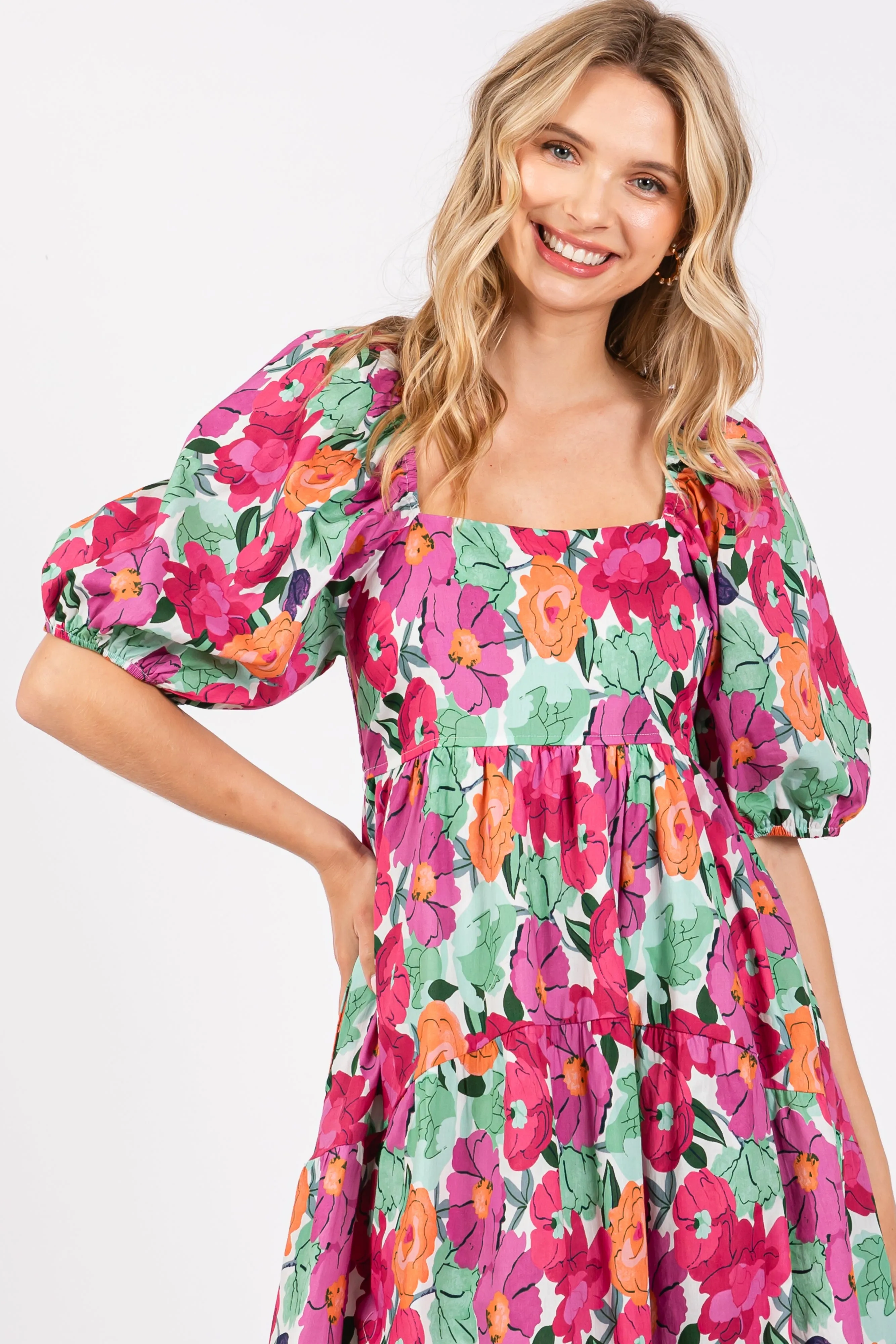 Magenta Floral Print Puff Sleeve Dress sold by Pinkblush product image thumbnail 4