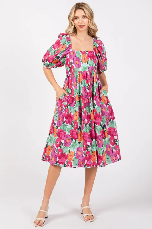 Magenta Floral Print Puff Sleeve Dress sold by Pinkblush
