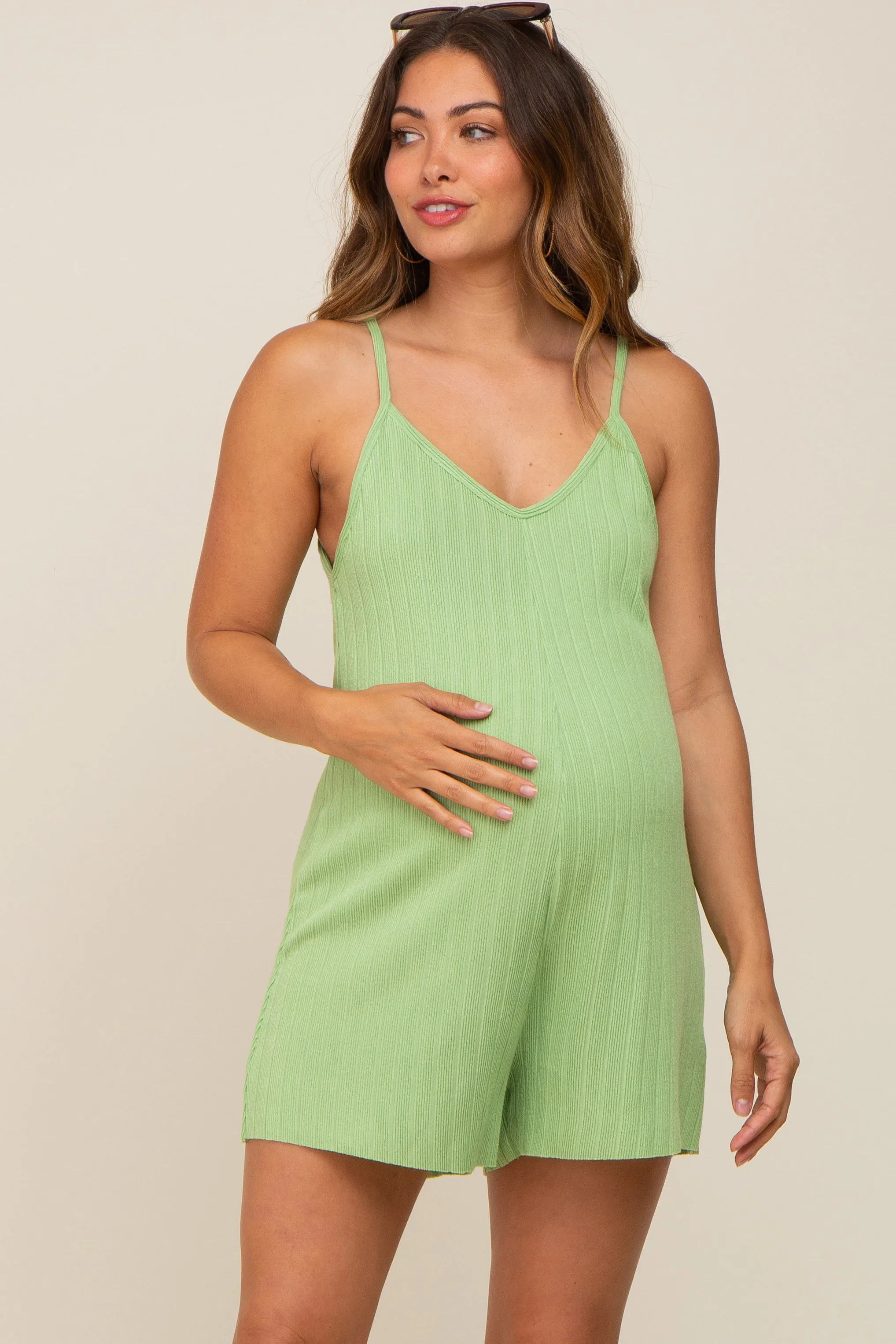 Lime Ribbed V-Neck Maternity Romper sold by Pinkblush