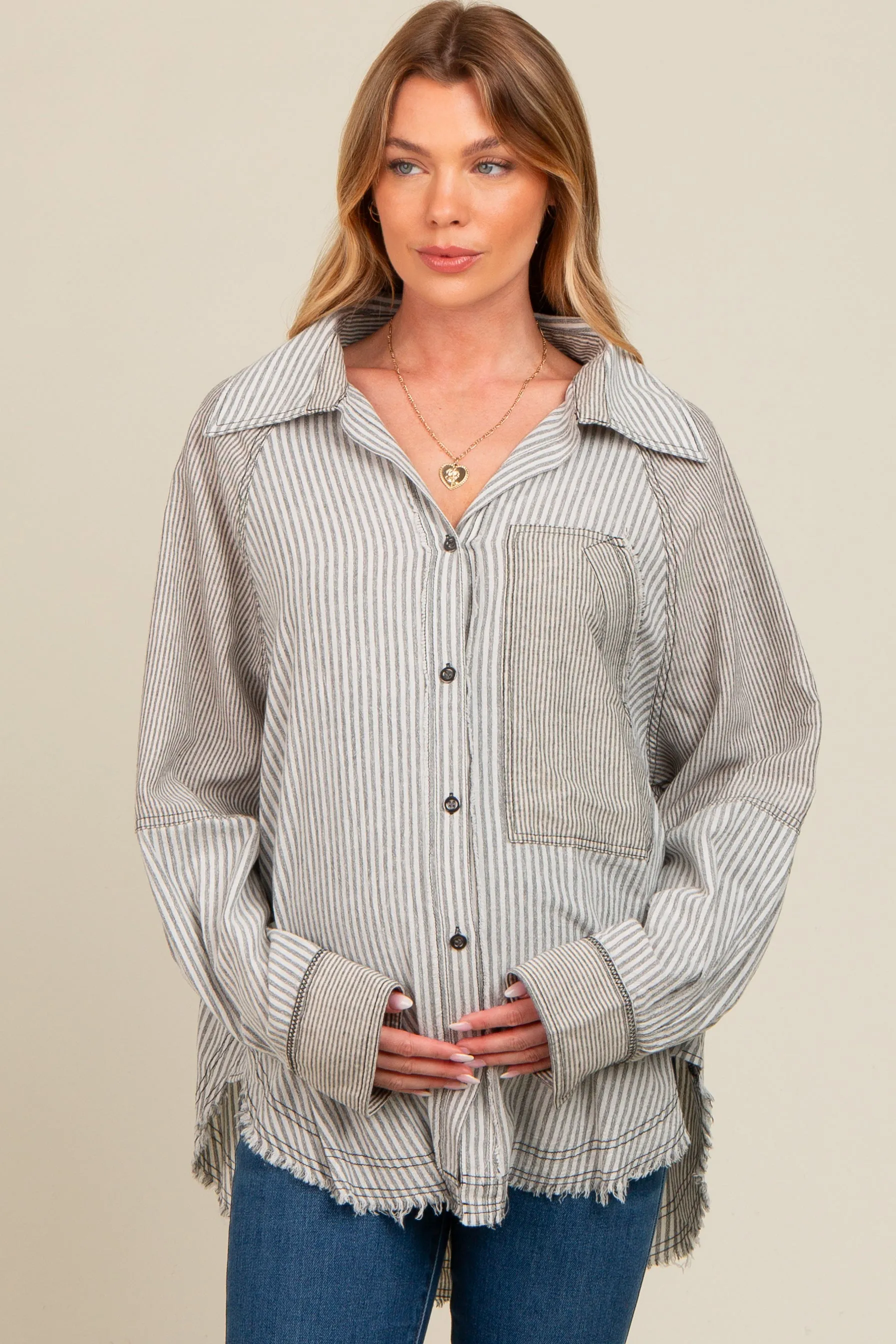 Ivory Striped Button Down Oversized Long Sleeve Maternity Top sold by Pinkblush product image thumbnail 2