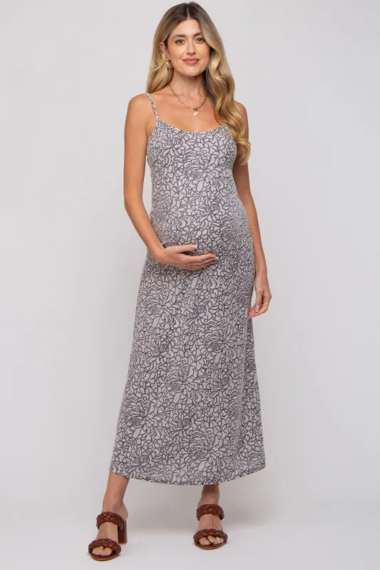Grey Floral Sleeveless Maternity Maxi Dress sold by Pinkblush