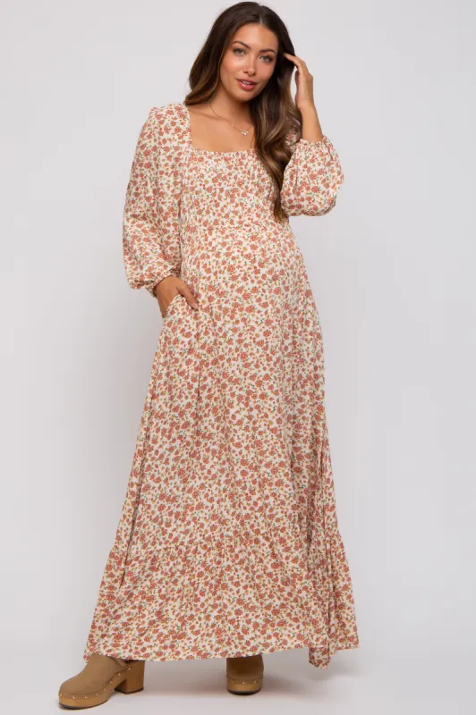 Cream Floral Square Neck Ruffle Maternity Maxi Dress sold by Pinkblush