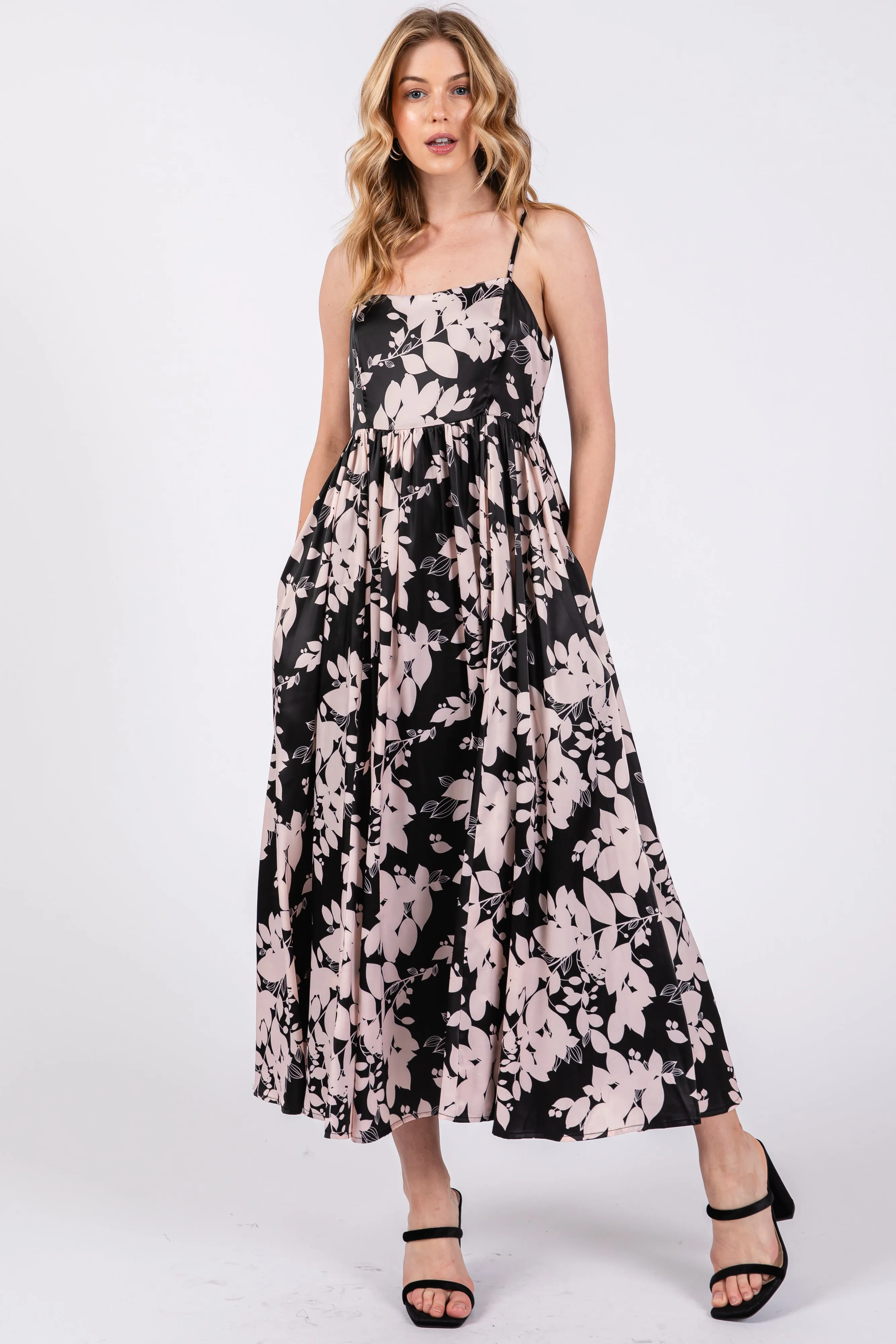 Black Leaf Print Satin Square Neck Midi Dress sold by Pinkblush