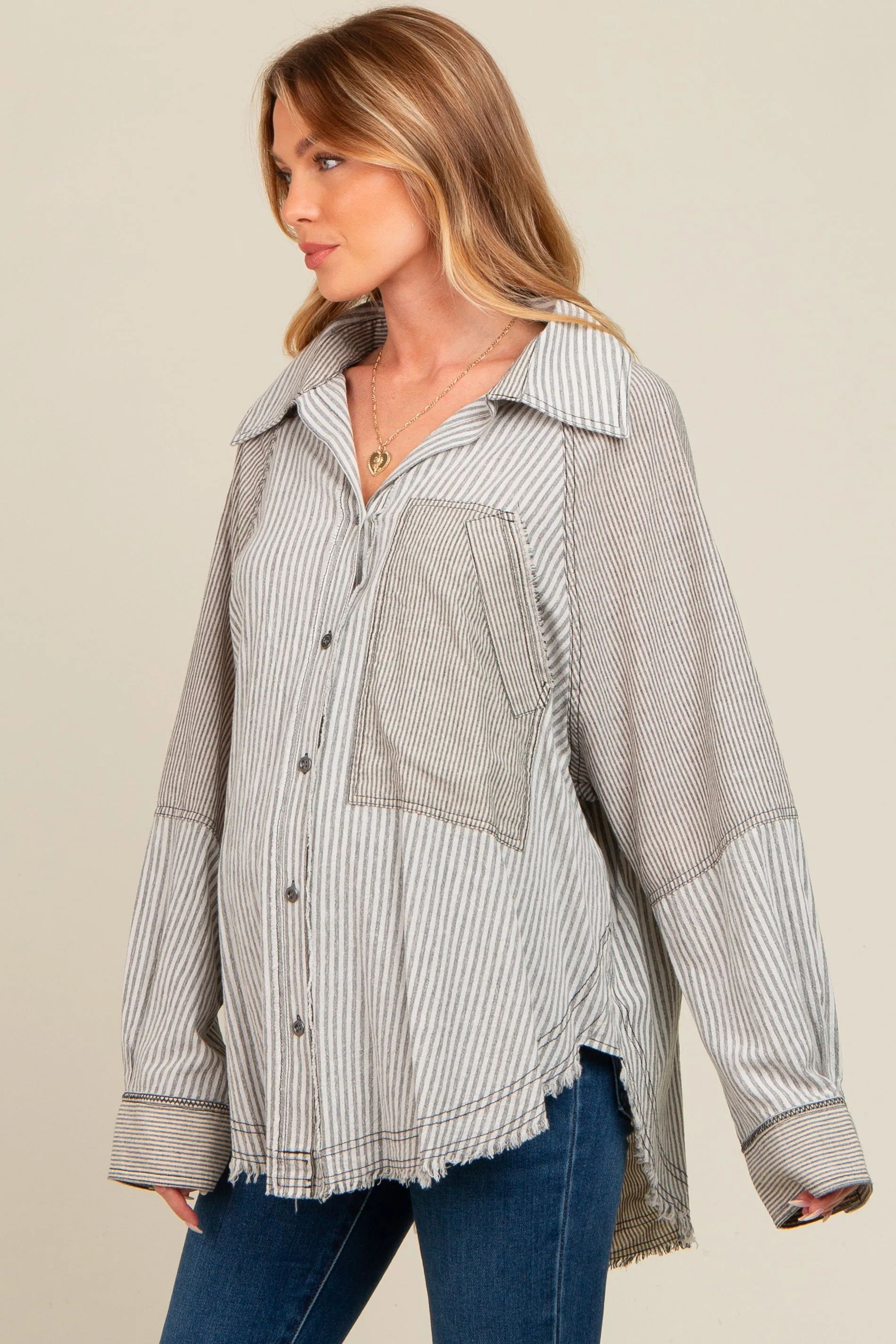 Ivory Striped Button Down Oversized Long Sleeve Maternity Top sold by Pinkblush product image thumbnail 3