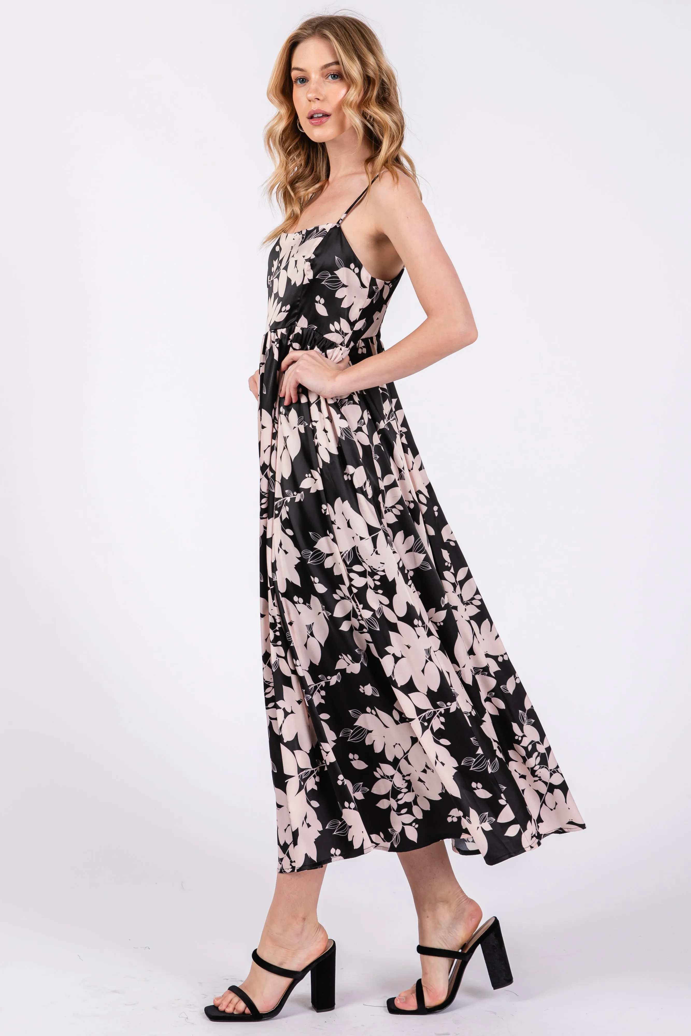 Black Leaf Print Satin Square Neck Midi Dress sold by Pinkblush product image thumbnail 2