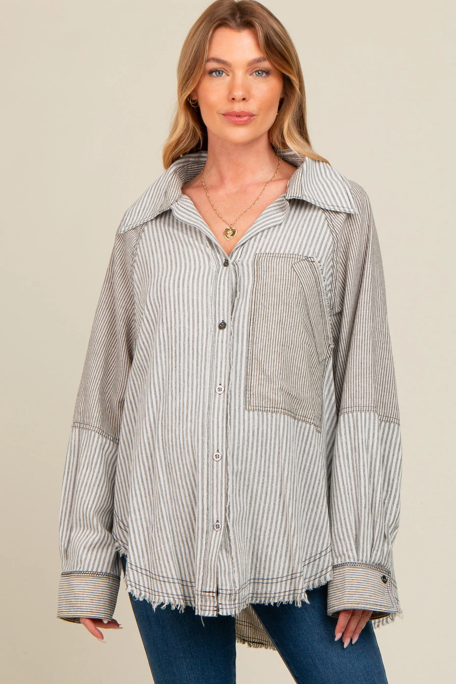 Ivory Striped Button Down Oversized Long Sleeve Maternity Top sold by Pinkblush