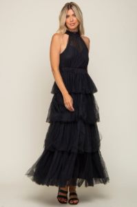 Black Tulle Halter Ruffle Tiered Midi Dress sold by Pinkblush