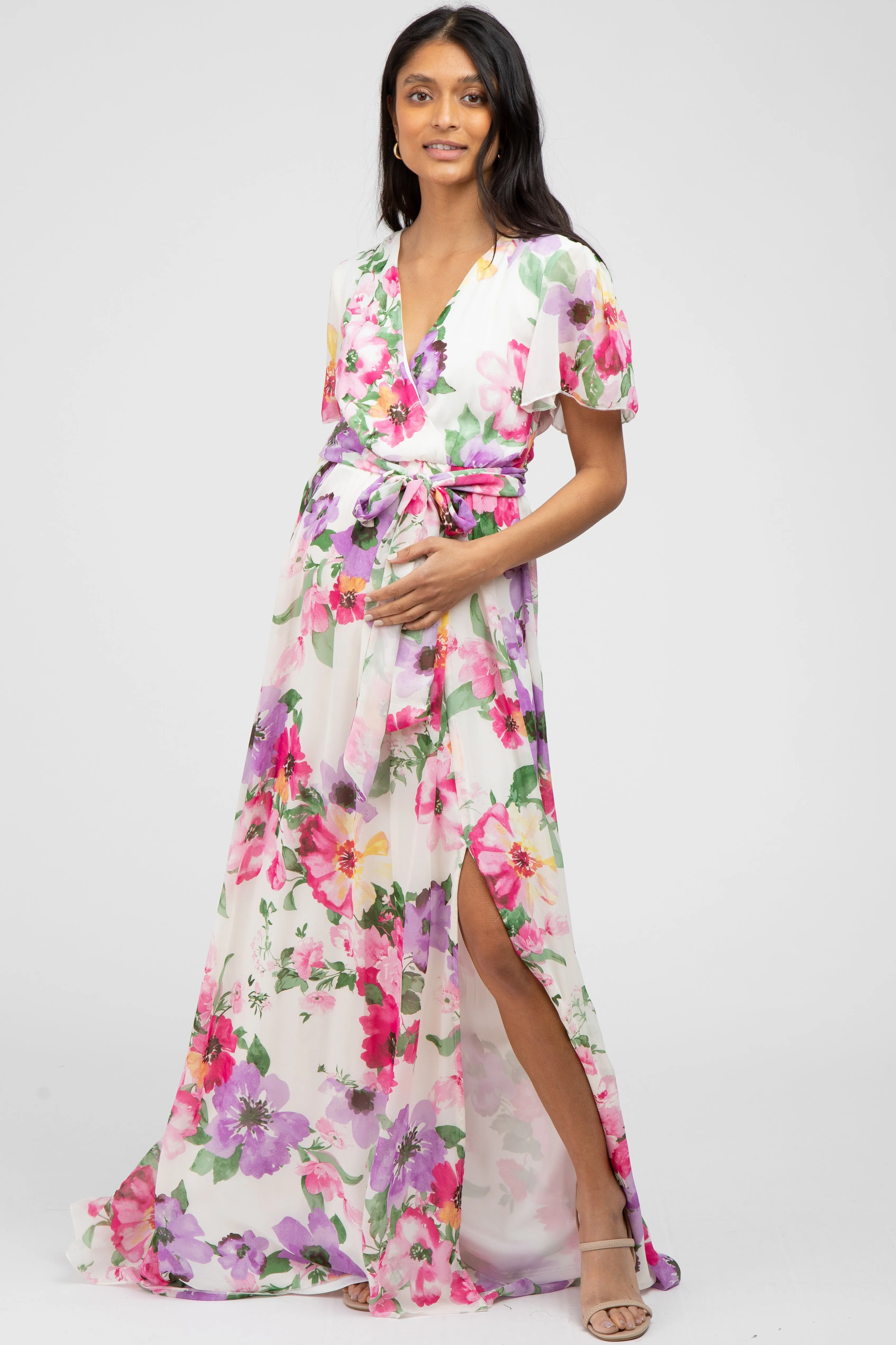 Pink Floral Chiffon Short Sleeve Side Slit Maternity Maxi Dress sold by Pinkblush