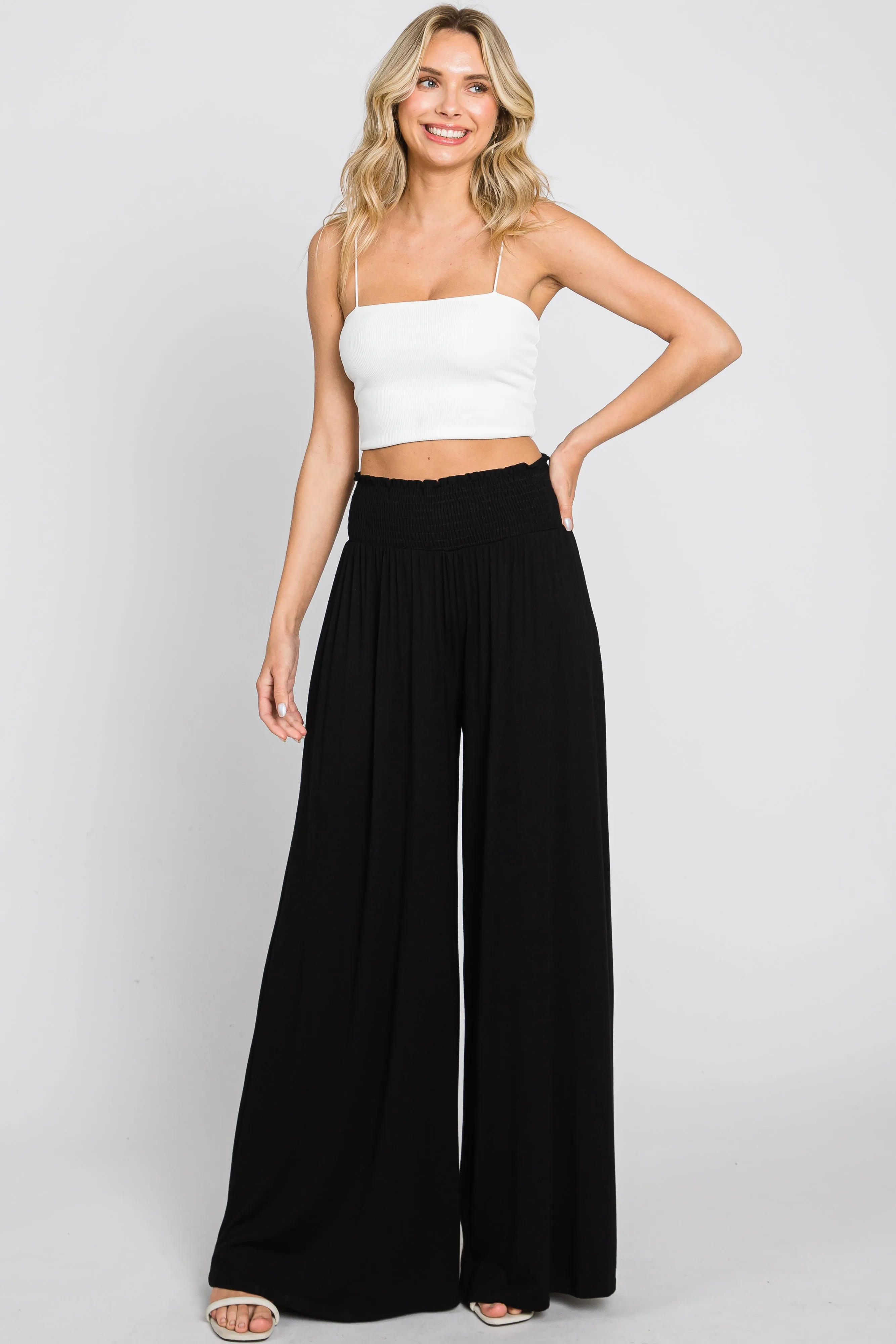Black Smocked Waist Flowy Pants sold by Pinkblush