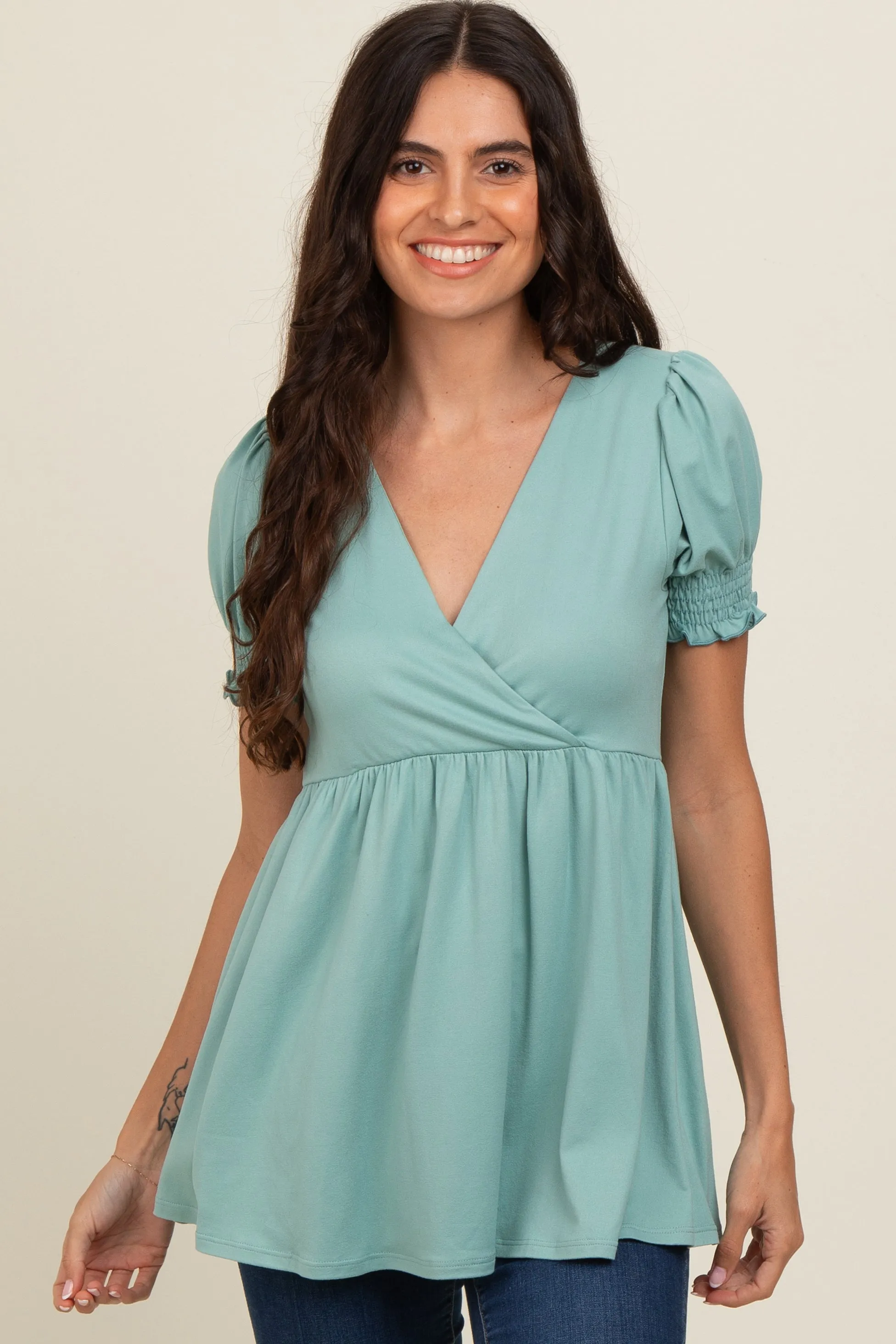 Light Olive Puff Sleeve Crossover Nursing Top sold by Pinkblush product image thumbnail 2