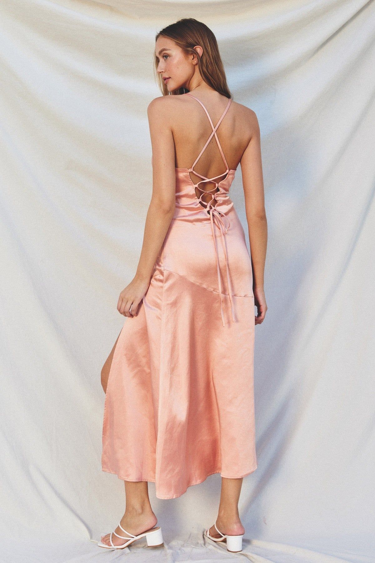 Soft Coral Satin Lace Back Slit Maxi Dress sold by Pinkblush product image thumbnail 3