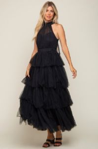Black Tulle Halter Ruffle Tiered Midi Dress sold by Pinkblush