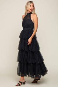 Black Tulle Halter Ruffle Tiered Midi Dress sold by Pinkblush