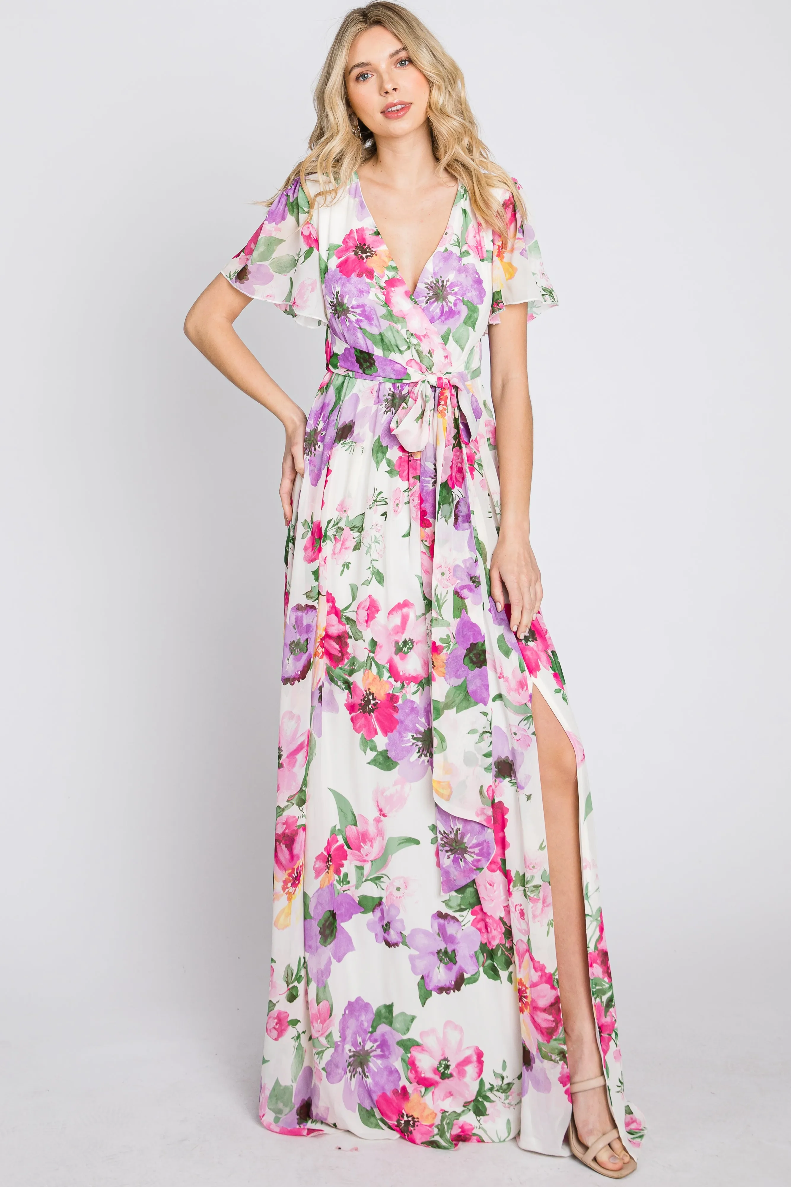 Pink Floral Chiffon Short Sleeve Side Slit Maternity Maxi Dress sold by Pinkblush product image thumbnail 4