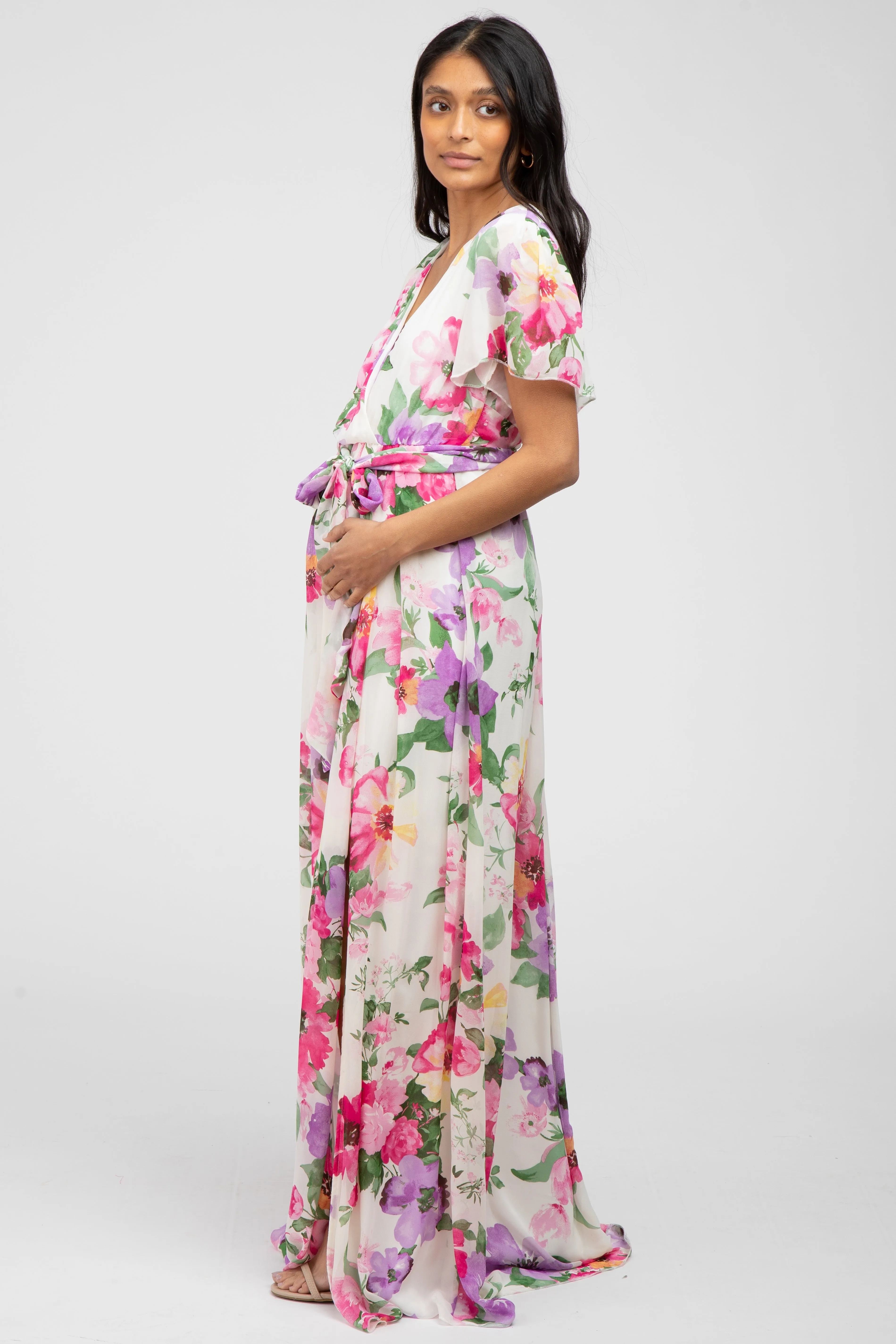 Pink Floral Chiffon Short Sleeve Side Slit Maternity Maxi Dress sold by Pinkblush product image thumbnail 2