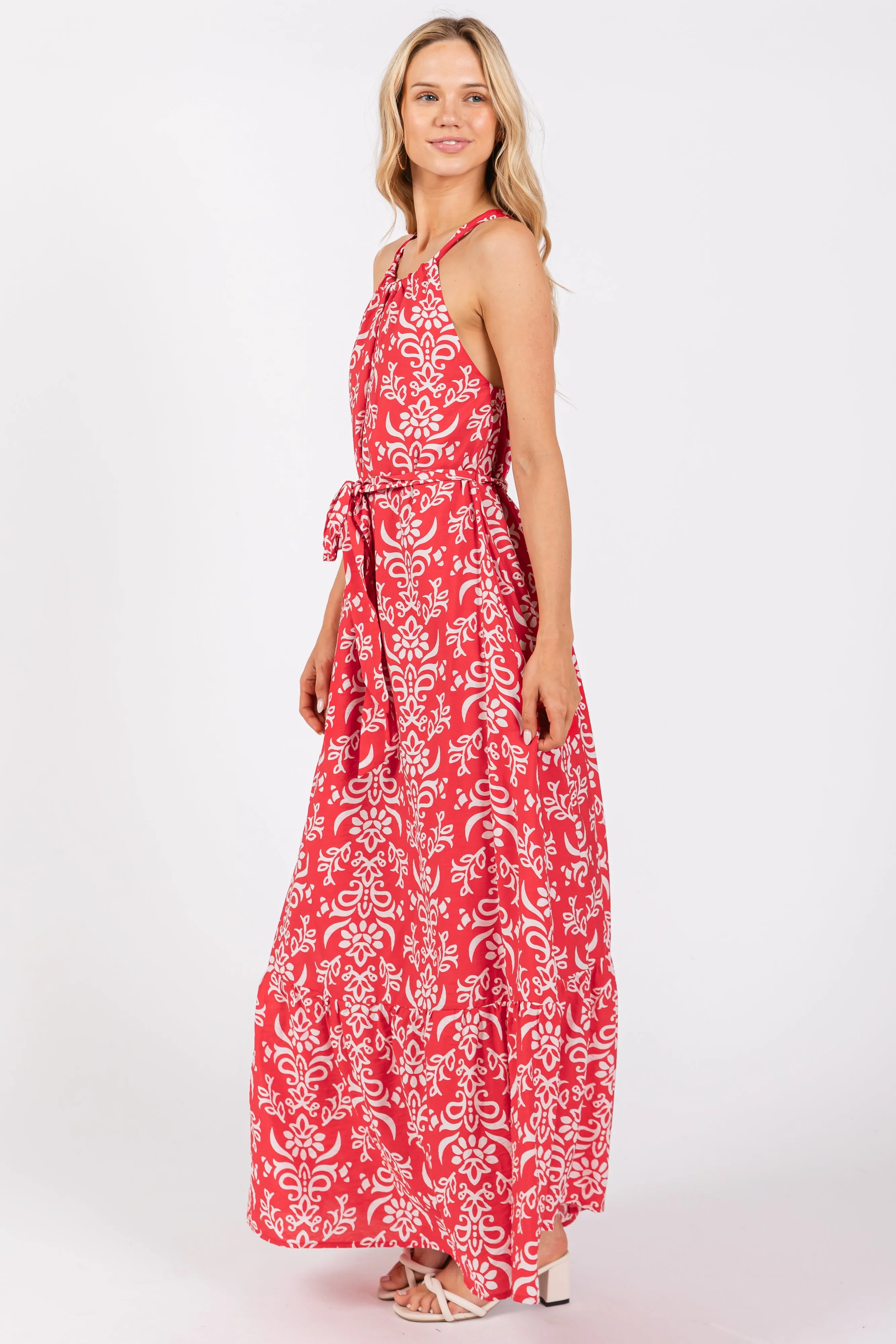 Red Paisley Halter Cross Back Maxi Dress sold by Pinkblush product image thumbnail 2