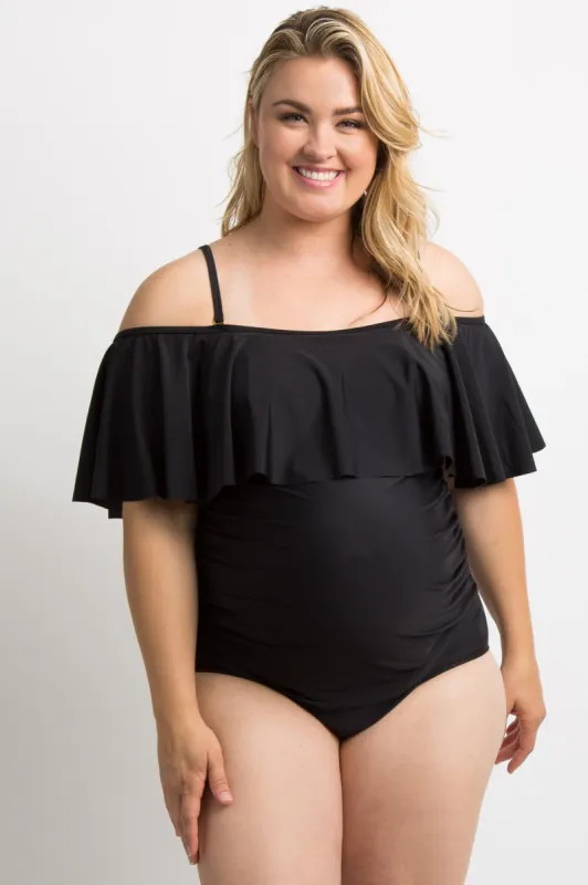 PinkBlush Black Ruffle Trim Ruched One-Piece Maternity Plus Swimsuit sold by Pinkblush