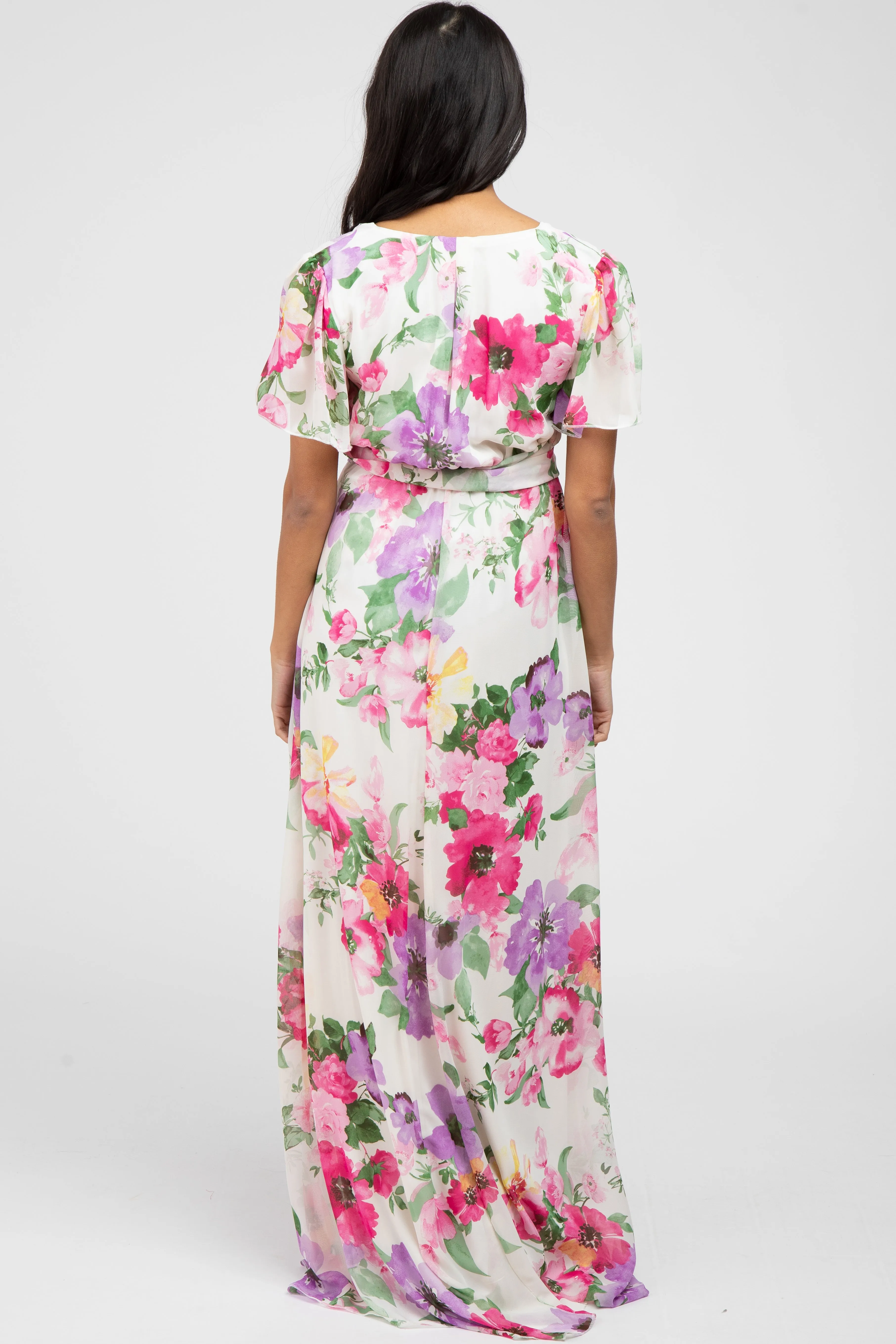 Pink Floral Chiffon Short Sleeve Side Slit Maternity Maxi Dress sold by Pinkblush product image thumbnail 3