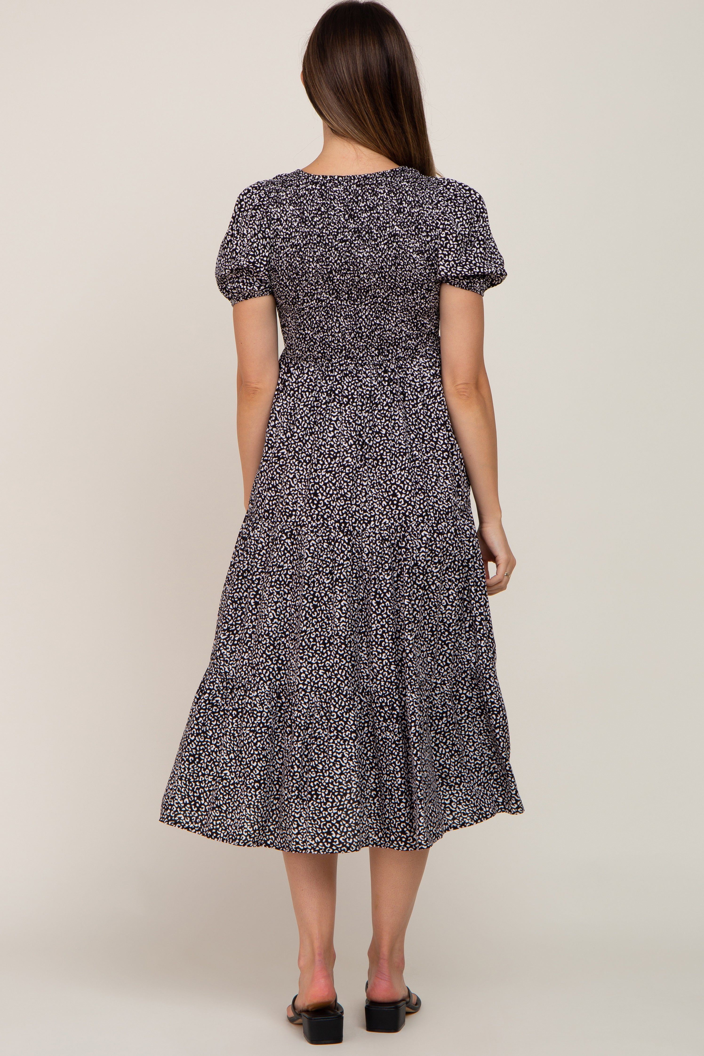 Black Animal Print Smocked Maternity Midi Dress sold by Pinkblush product image thumbnail 3