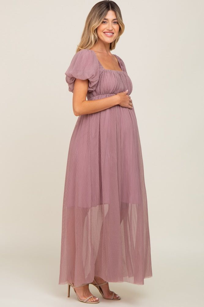 Mauve Pleated Puff Sleeve Matenrity Maxi Dress sold by Pinkblush product image thumbnail 3